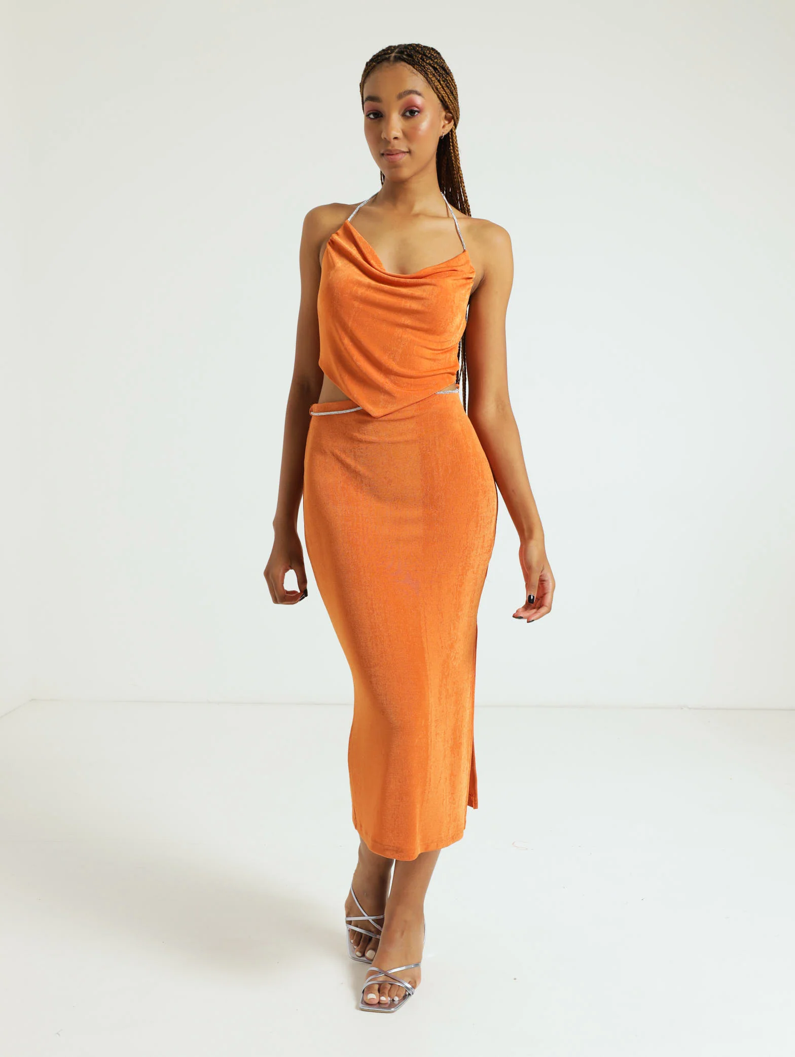 Rhinestone Trim Bodycon Skirt - Orange - Image 2