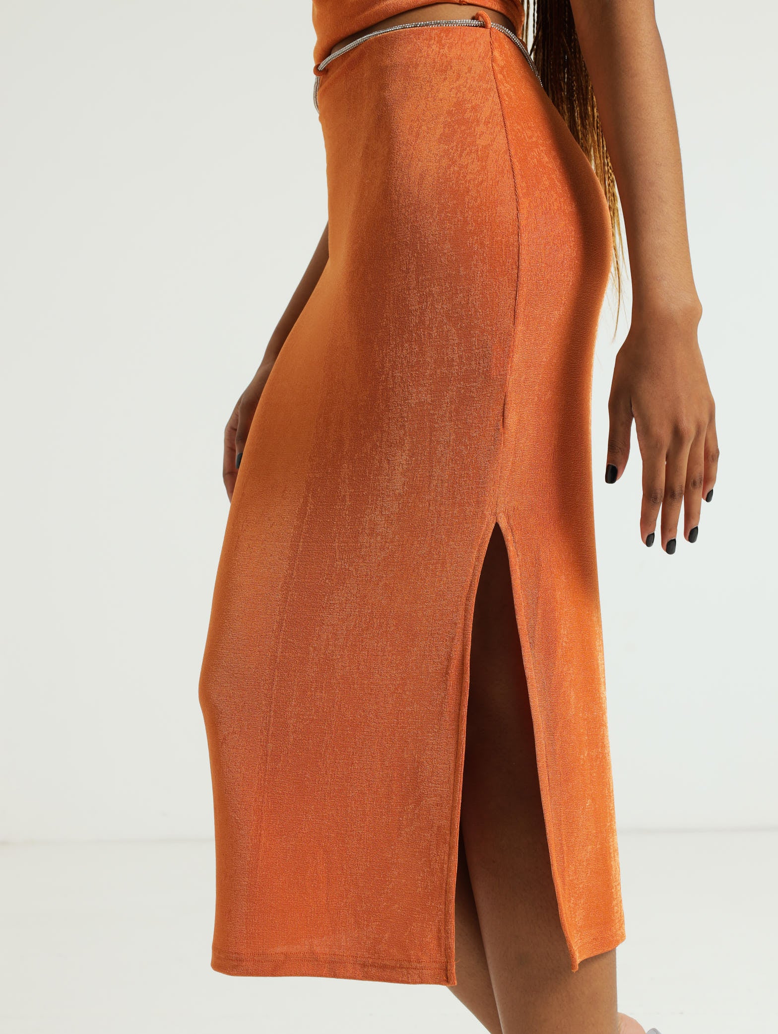 Rhinestone Trim Bodycon Skirt - Orange - Image 3