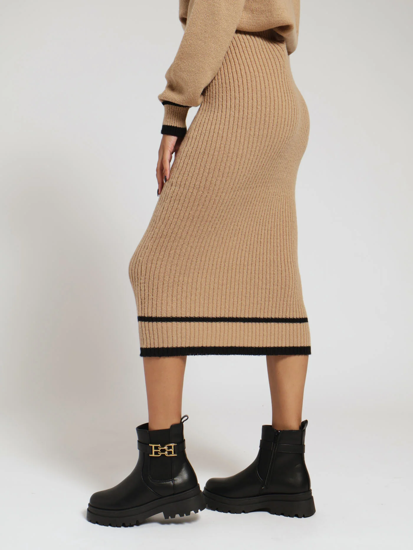 Ribb Midi Skirt With Tipping - Beige/Black - Image 2