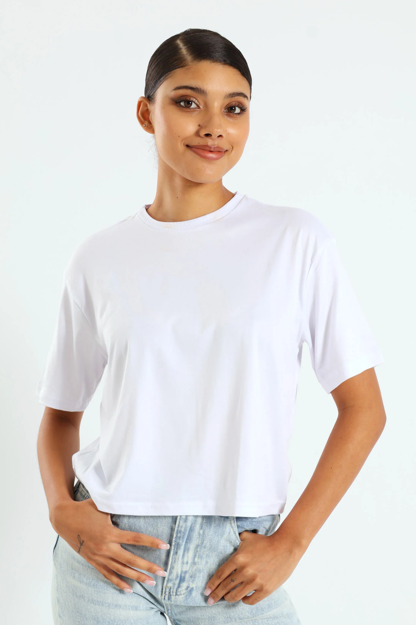 Ribb Neck Plain Tee - White