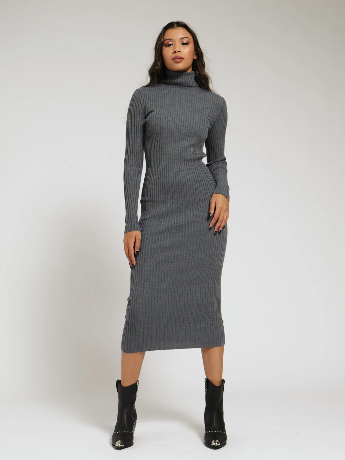 Ribb Poloneck Maxi Dress - Grey Melange