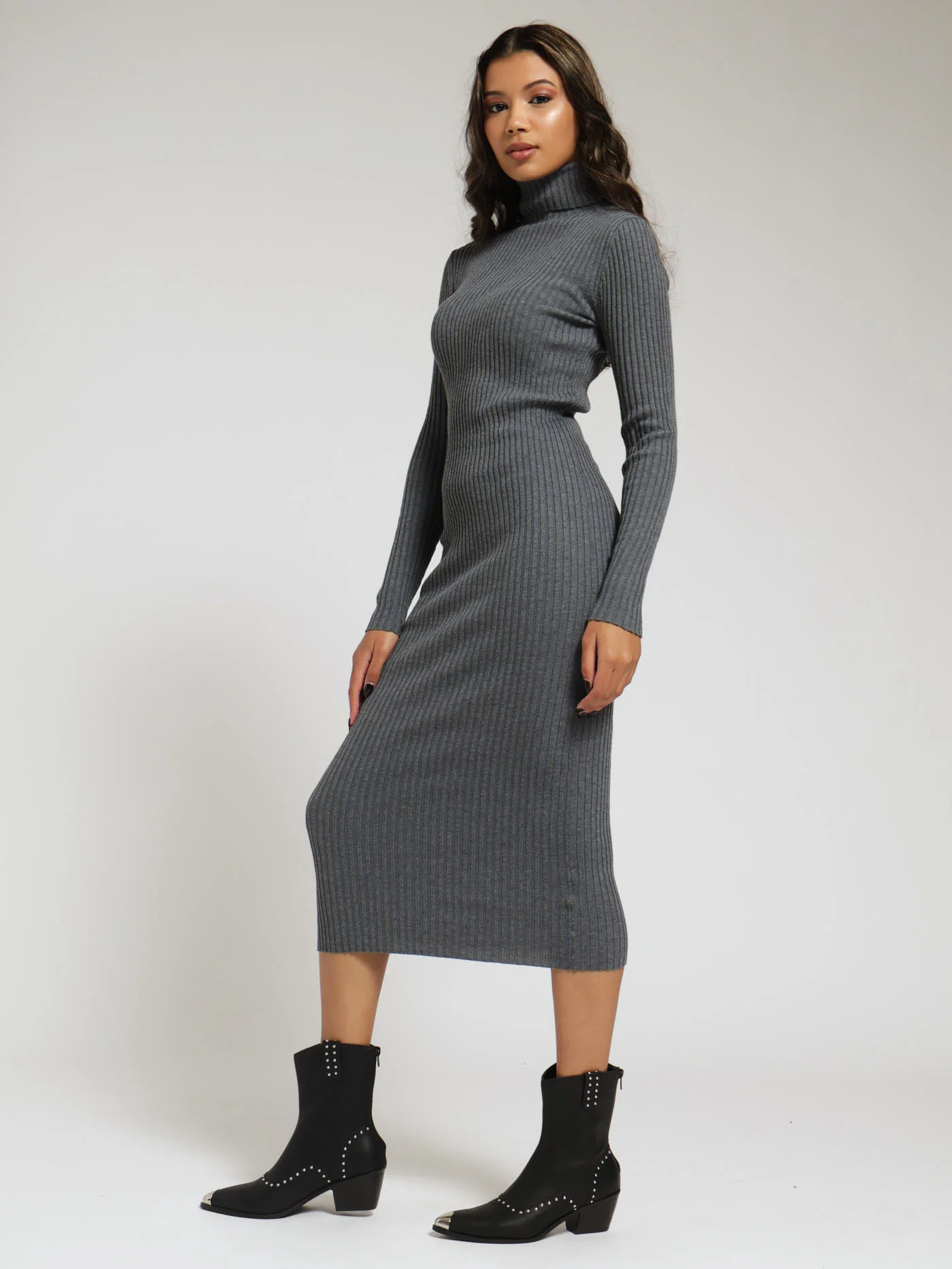 Ribb Poloneck Maxi Dress - Grey Melange - Image 2