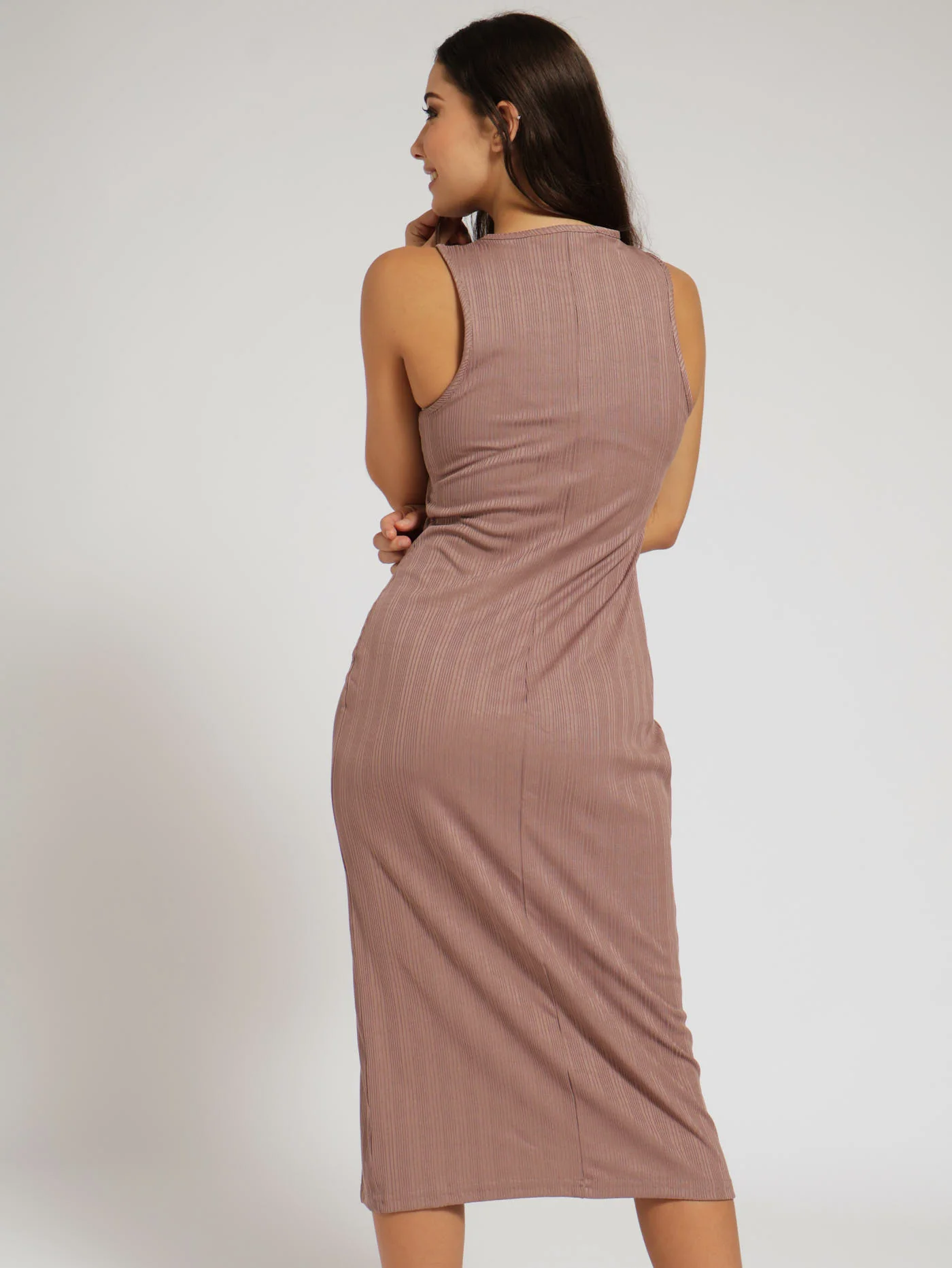 Ribbed Basic Side Slit Bodycon Dress - Beige - Image 3