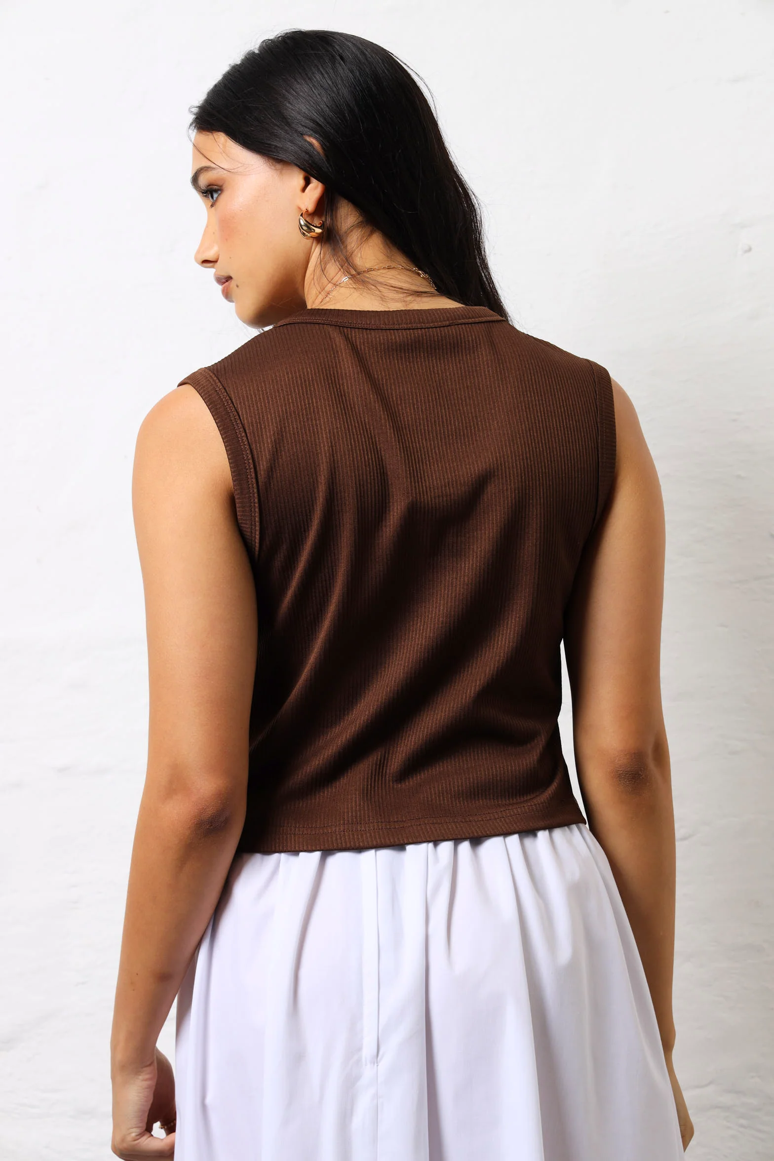 Ribbed Button Through Vest - Chocolate - Image 4