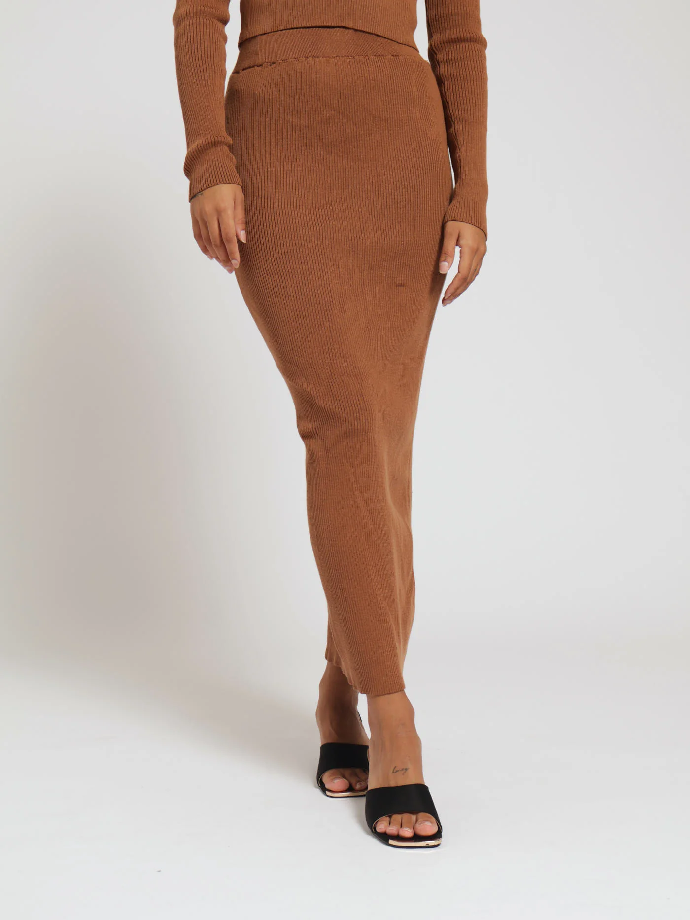 Ribbed Elastic Waist Midi Pencil Skirt - Tan