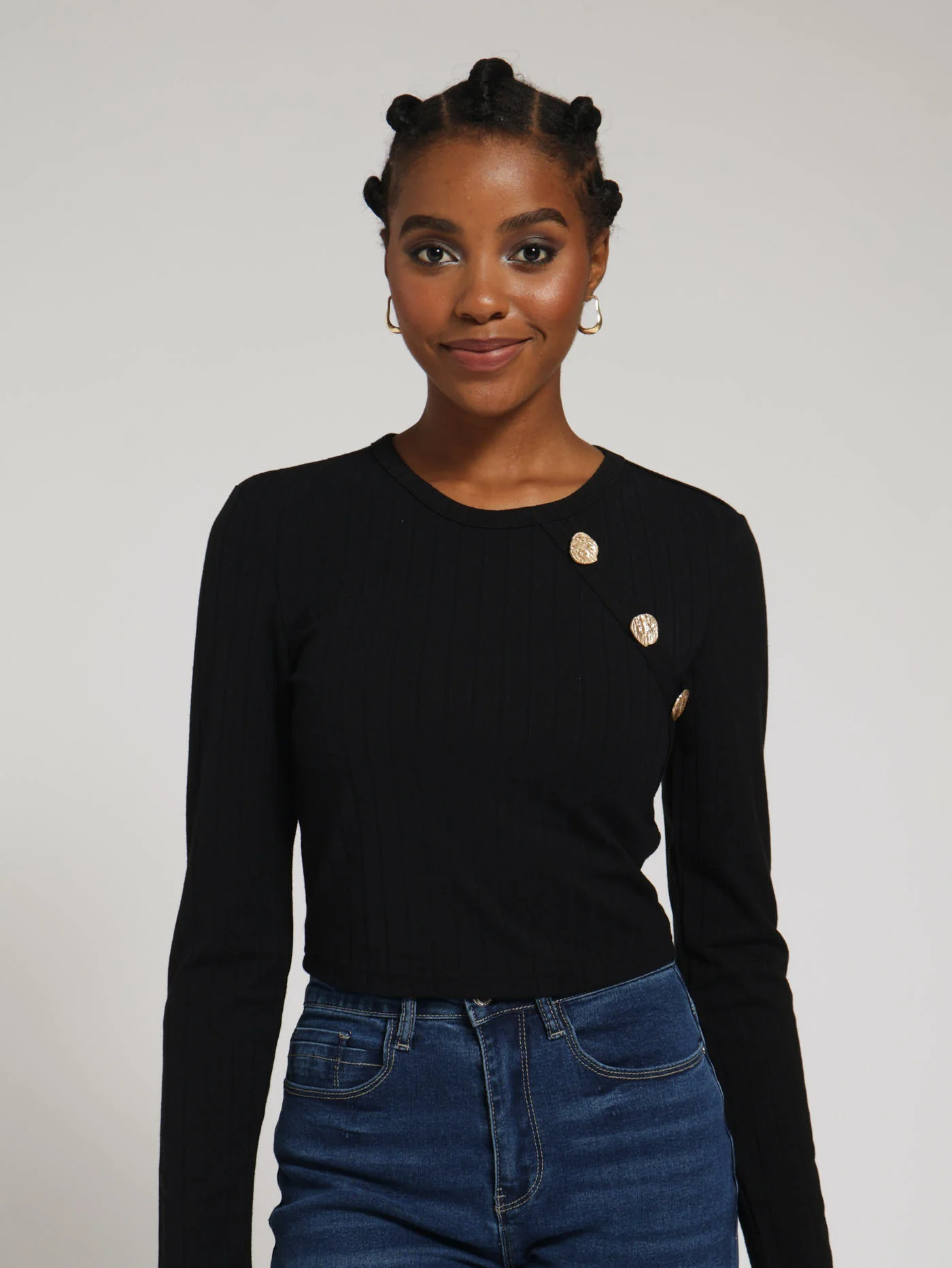 Ribbed Top With Gold Buttons - Black