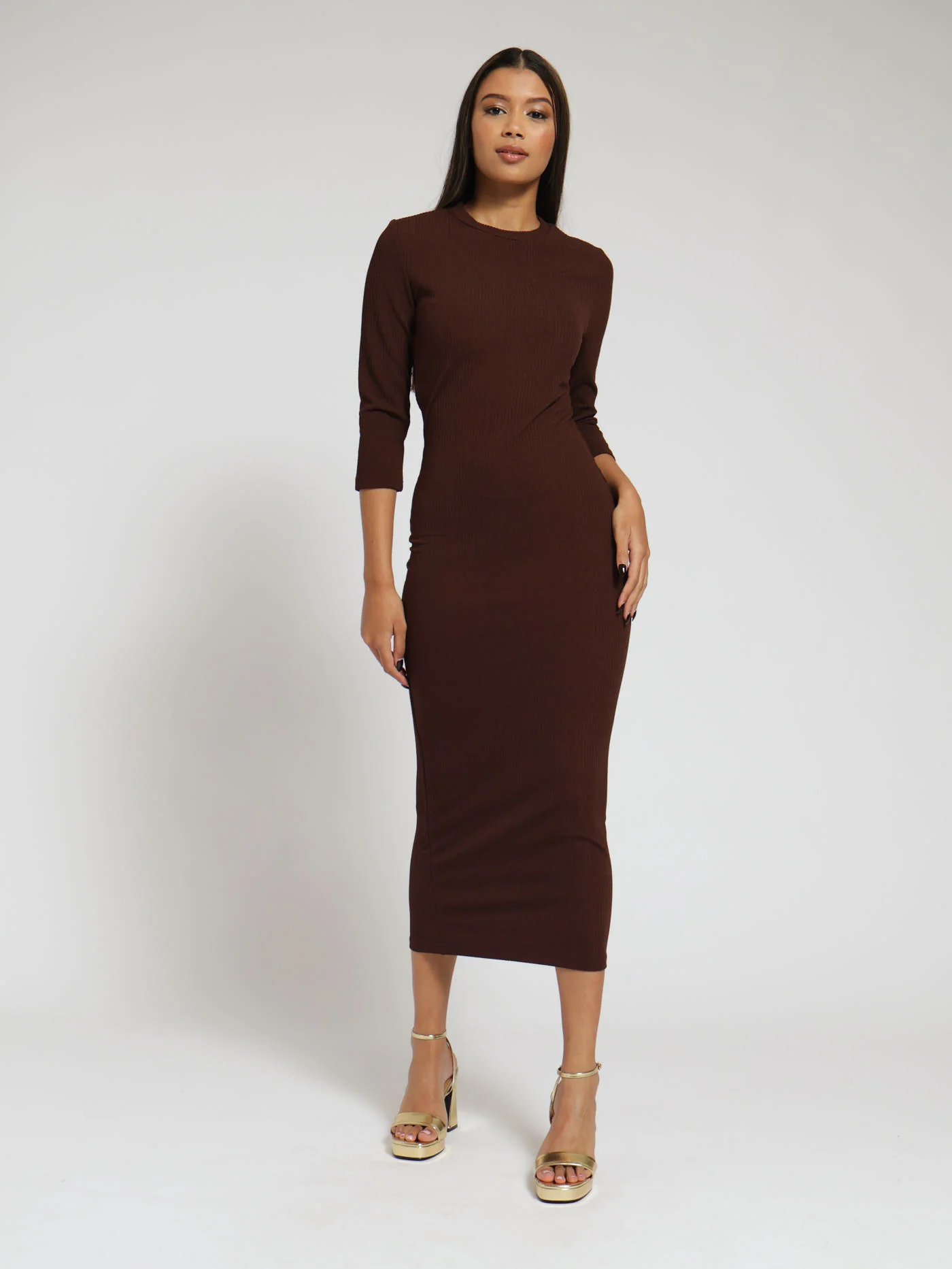 Ribbed Turtle Neck Dress - Brown