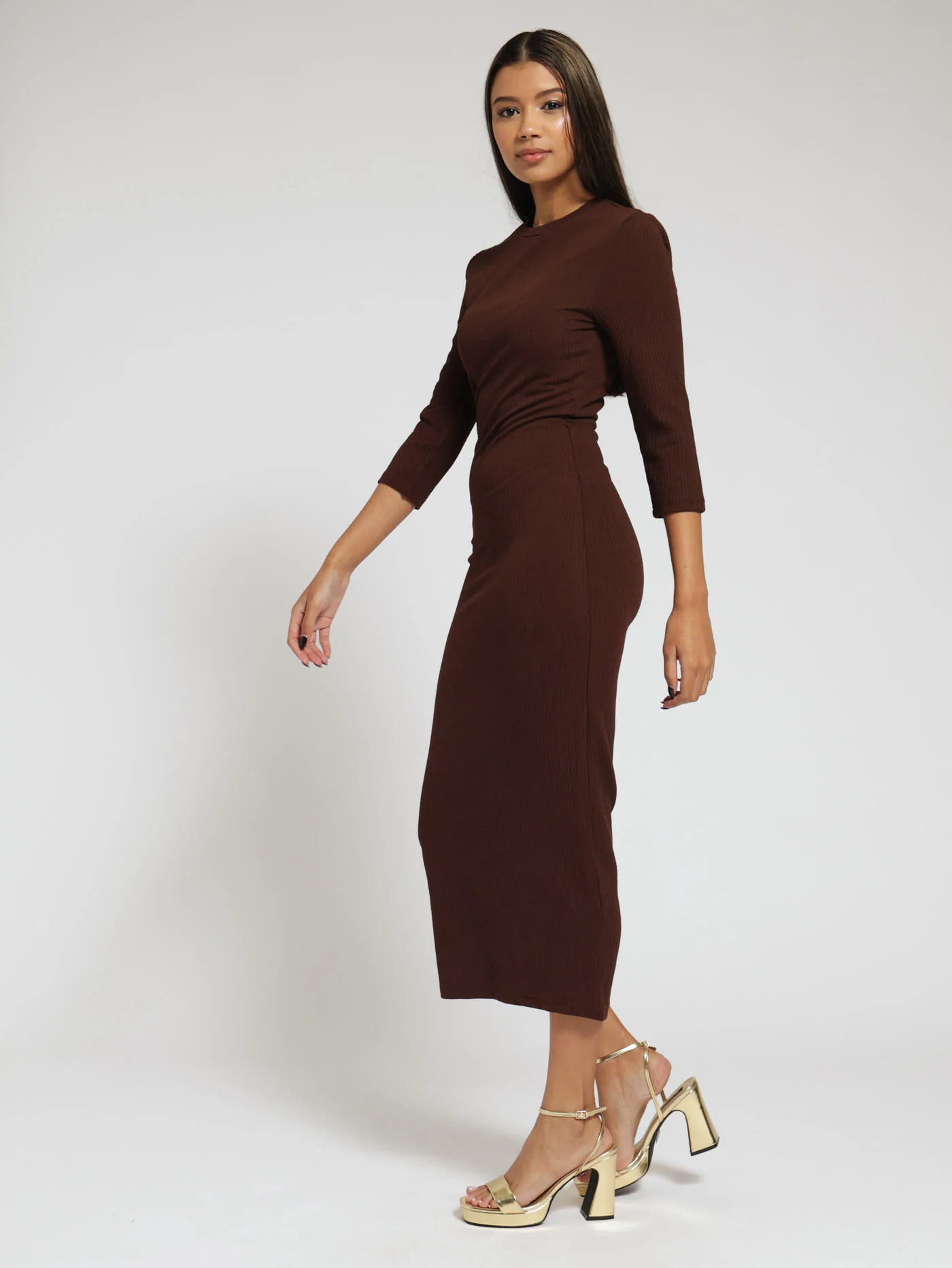 Ribbed Turtle Neck Dress - Brown - Image 2