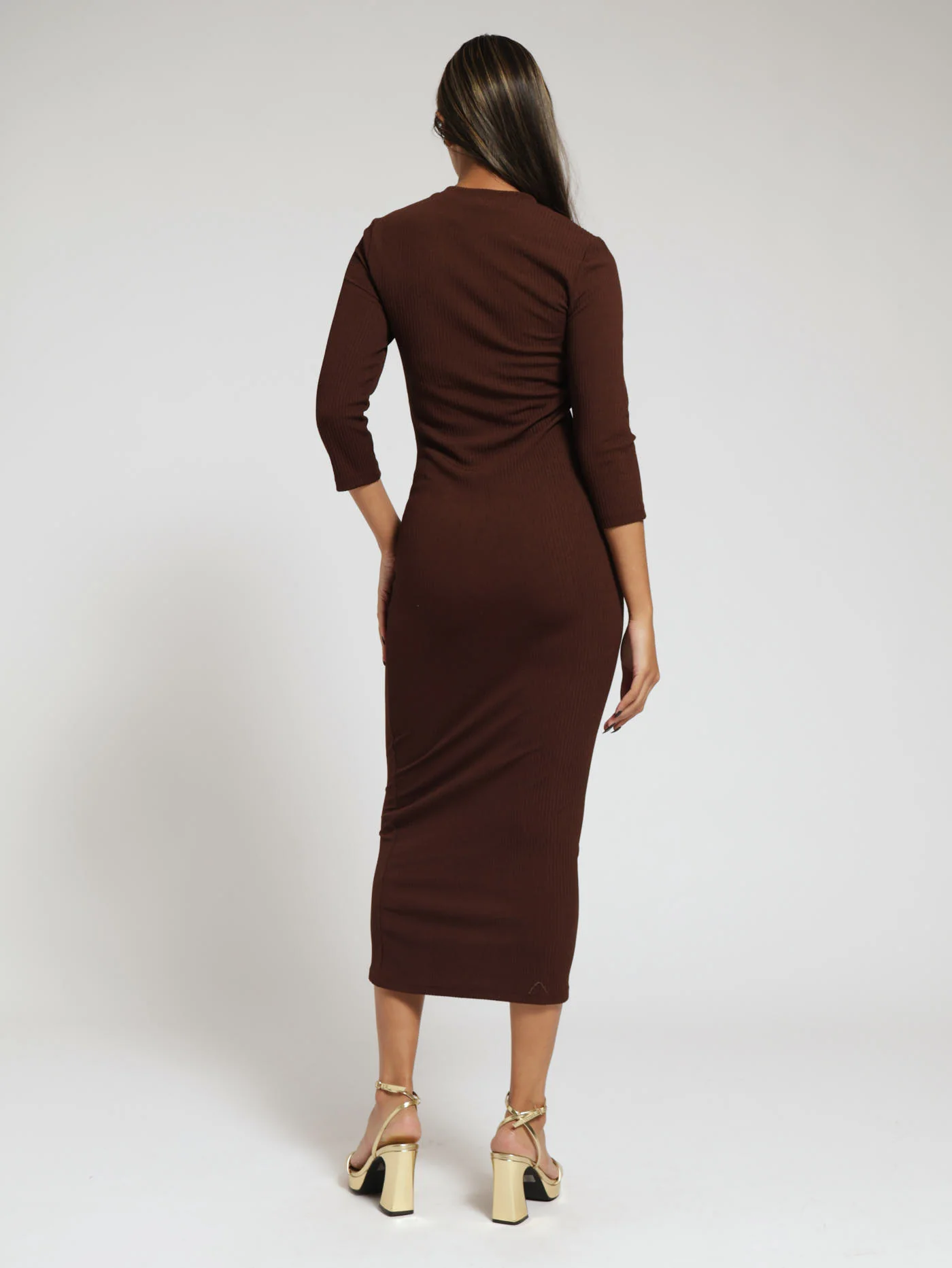Ribbed Turtle Neck Dress - Brown - Image 3
