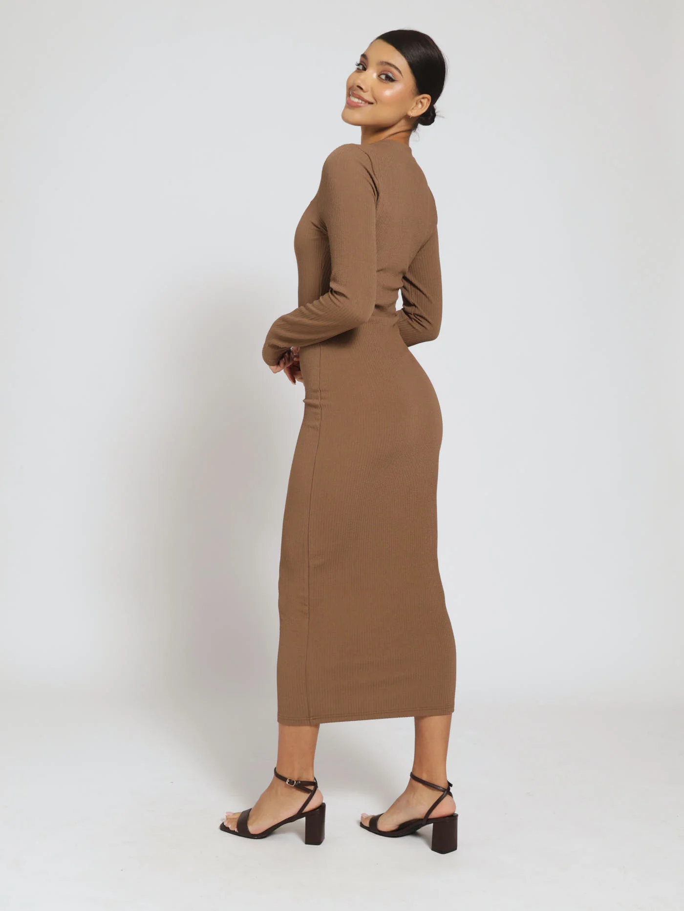 Ribbed Turtle Neck Dress - Mocha - Image 2