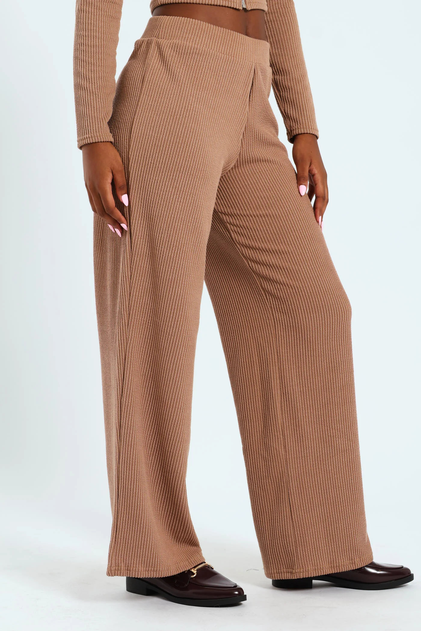 Ribbed Wideleg Pants - Caramel - Image 3