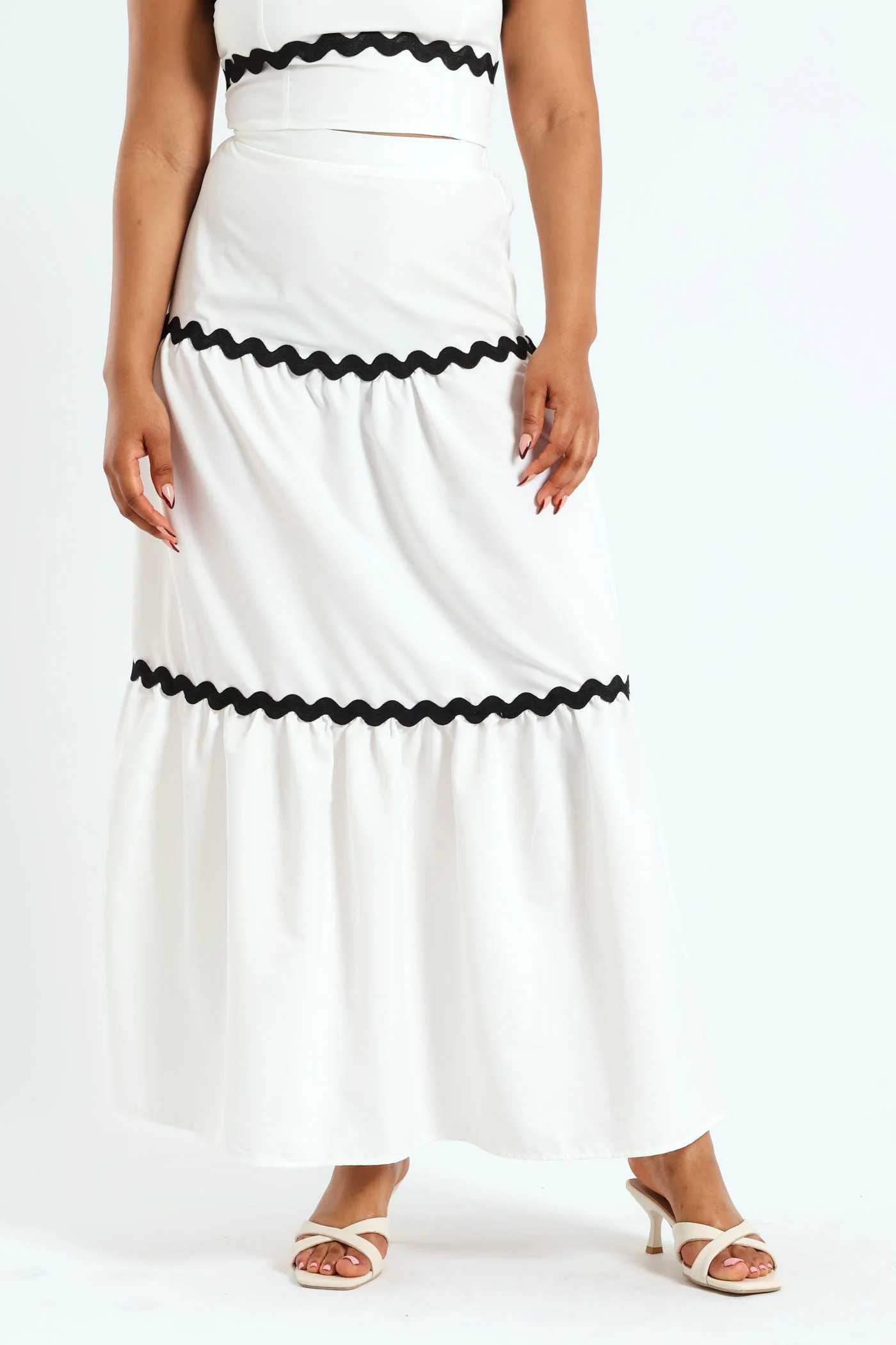 Ric Rac Tiered Poplin Midi Skirt - White/Black