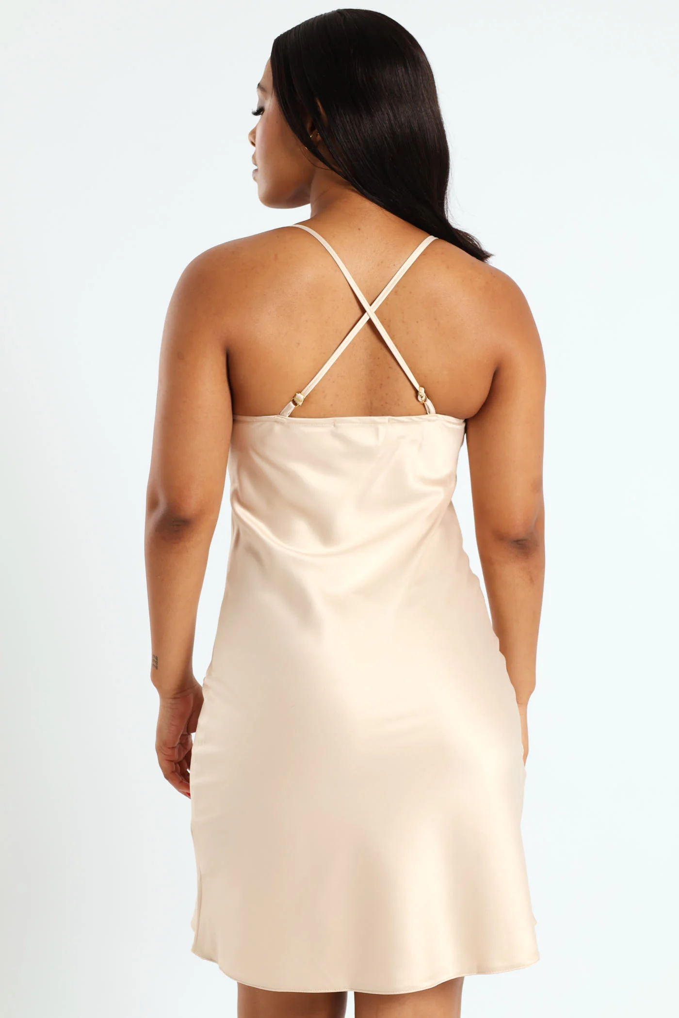 Ring Trim Short Satin Party Slip Dress - Champagne - Image 2
