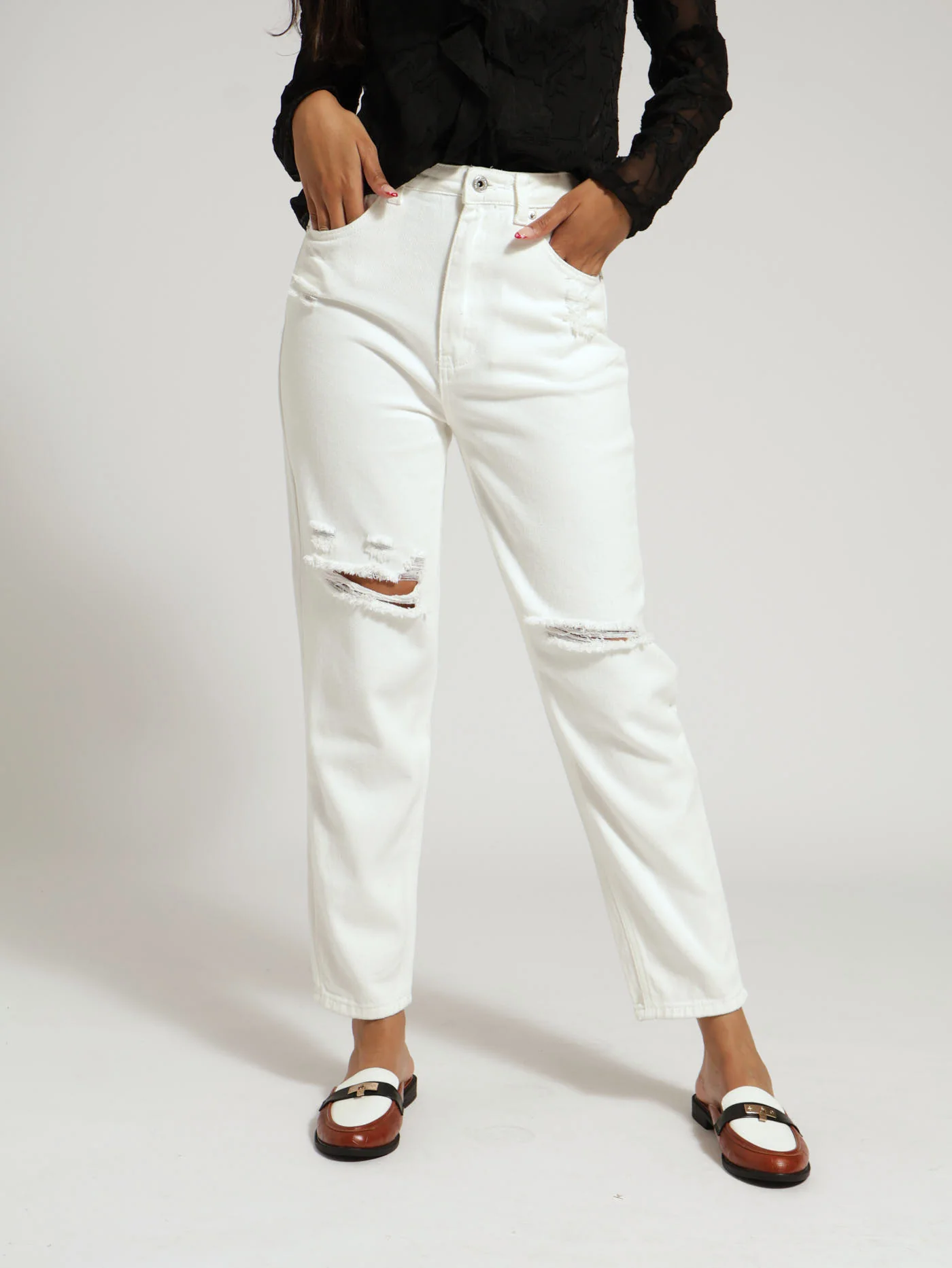 Ripped Denim Mom Jean - White