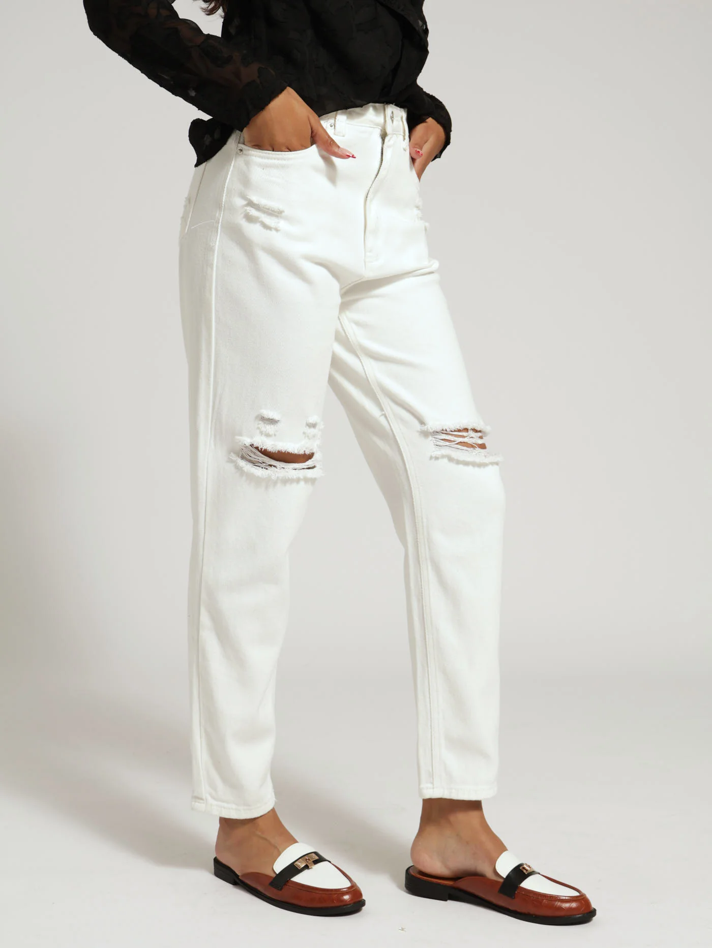 Ripped Denim Mom Jean - White - Image 2