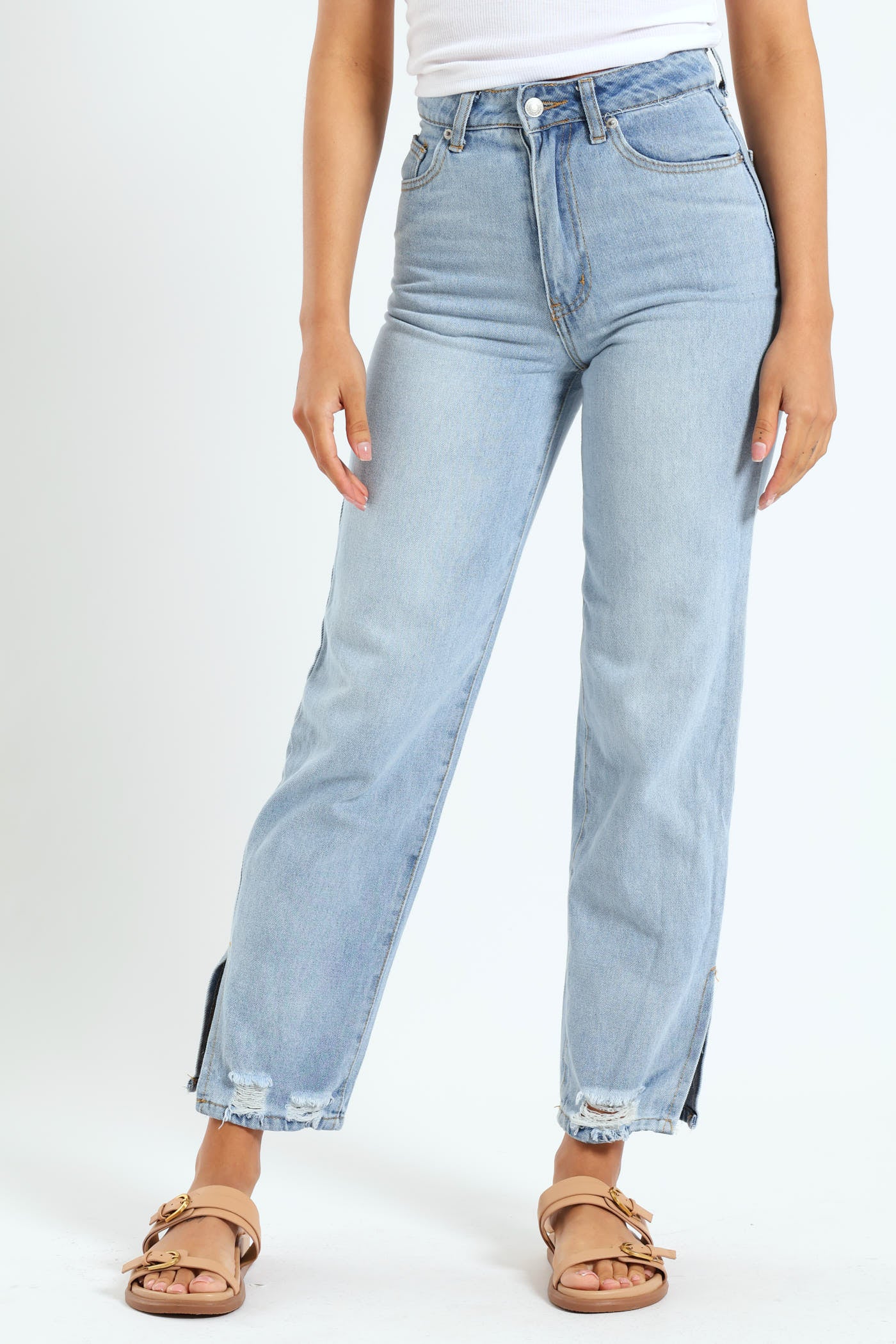 Ripped Split Hem Straight Leg Jean - Light Wash