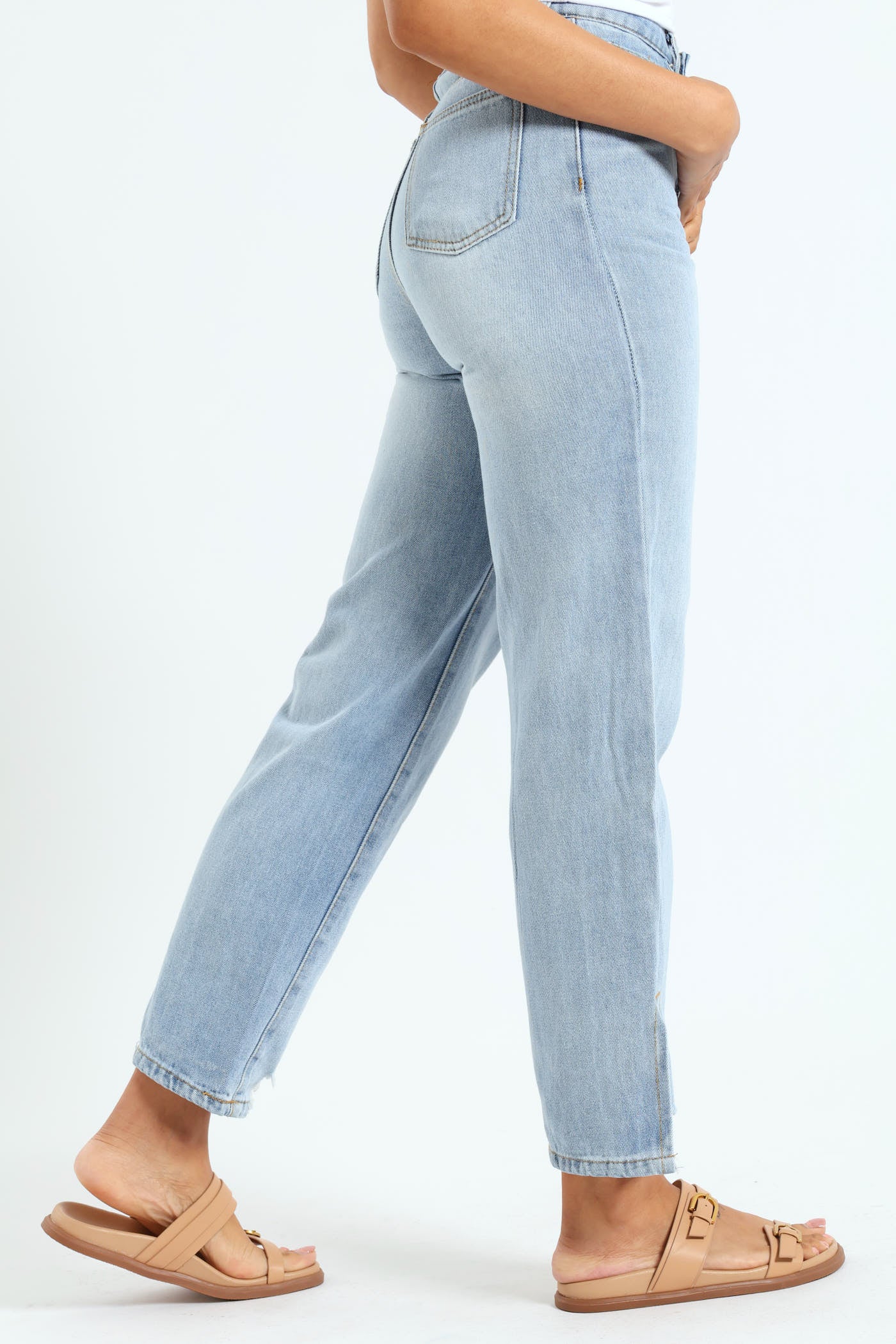 Ripped Split Hem Straight Leg Jean - Light Wash - Image 2