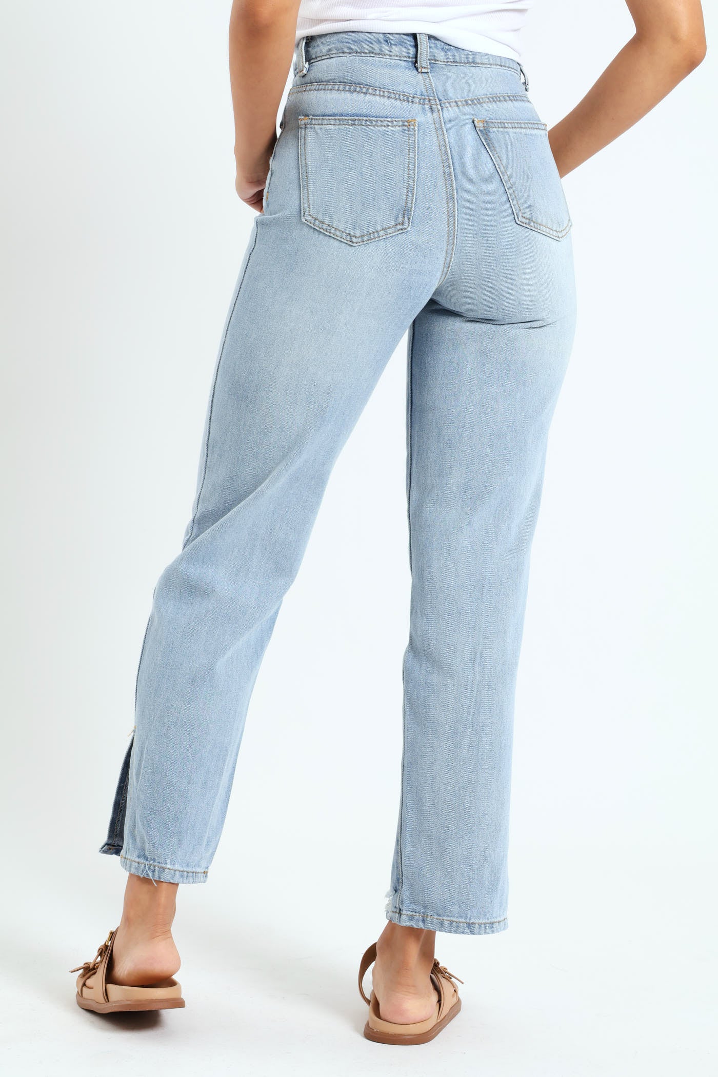 Ripped Split Hem Straight Leg Jean - Light Wash - Image 3
