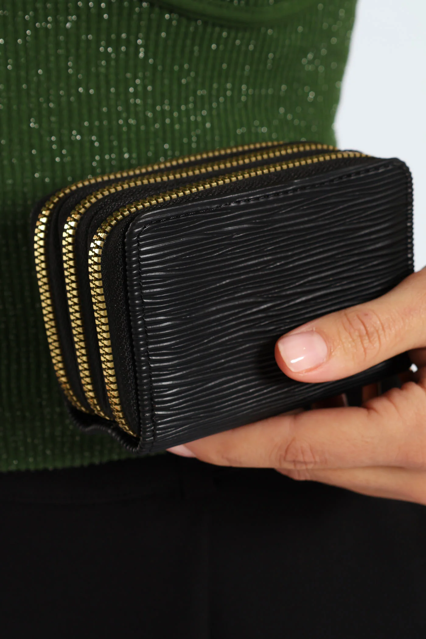 Ripple Texture Triple Zip Wallet - Black