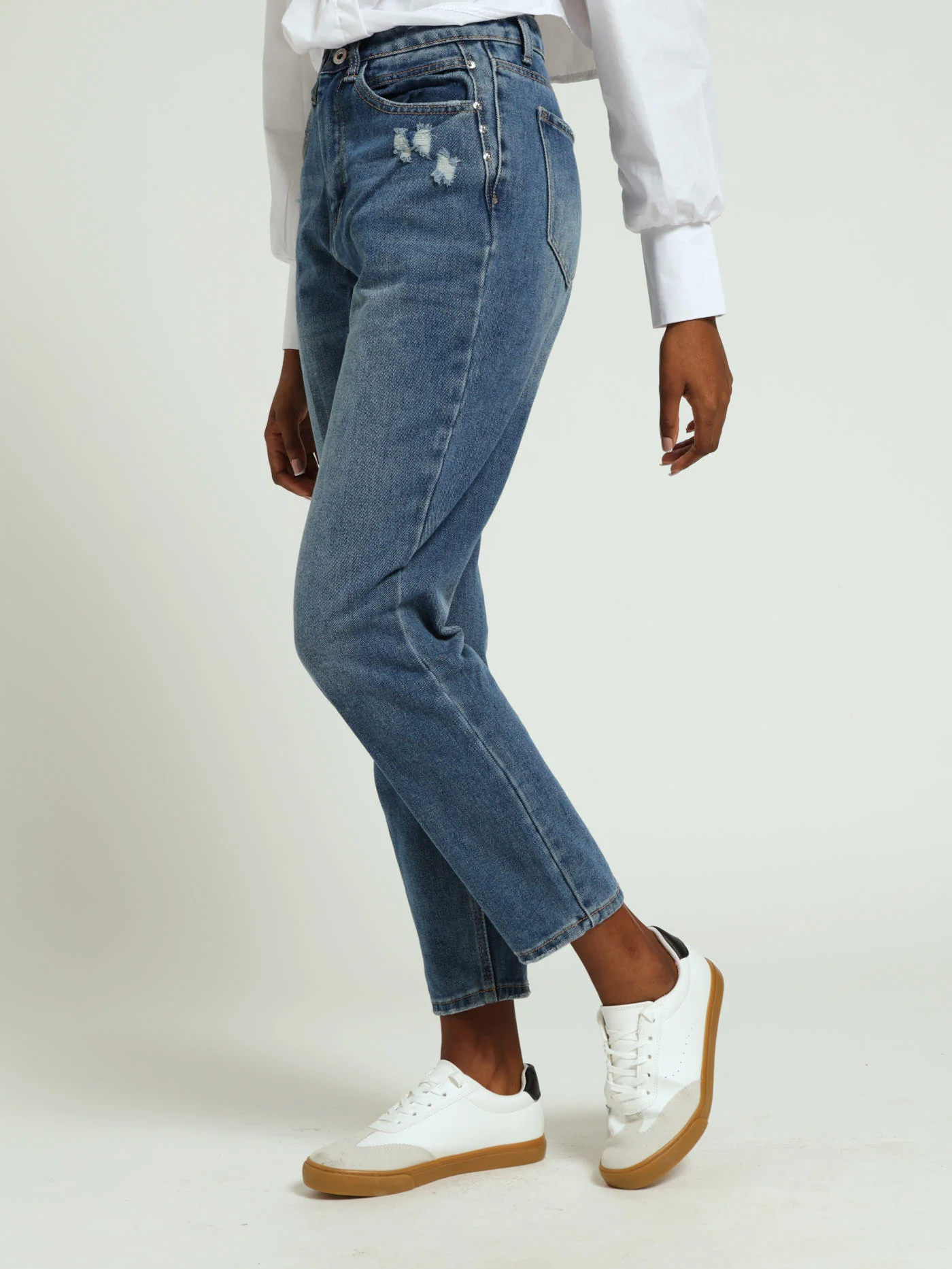 Rivet Panel Mom Jeans - Dark Stonewash - Image 2