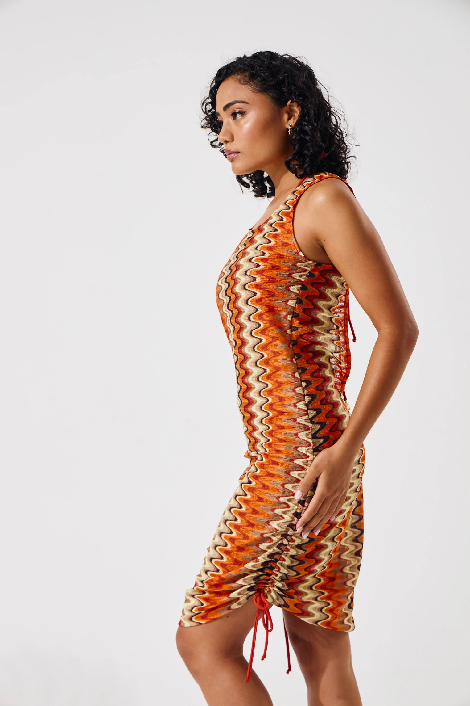Ruched Swirl Mesh Coverup Dress - Rust - Image 3