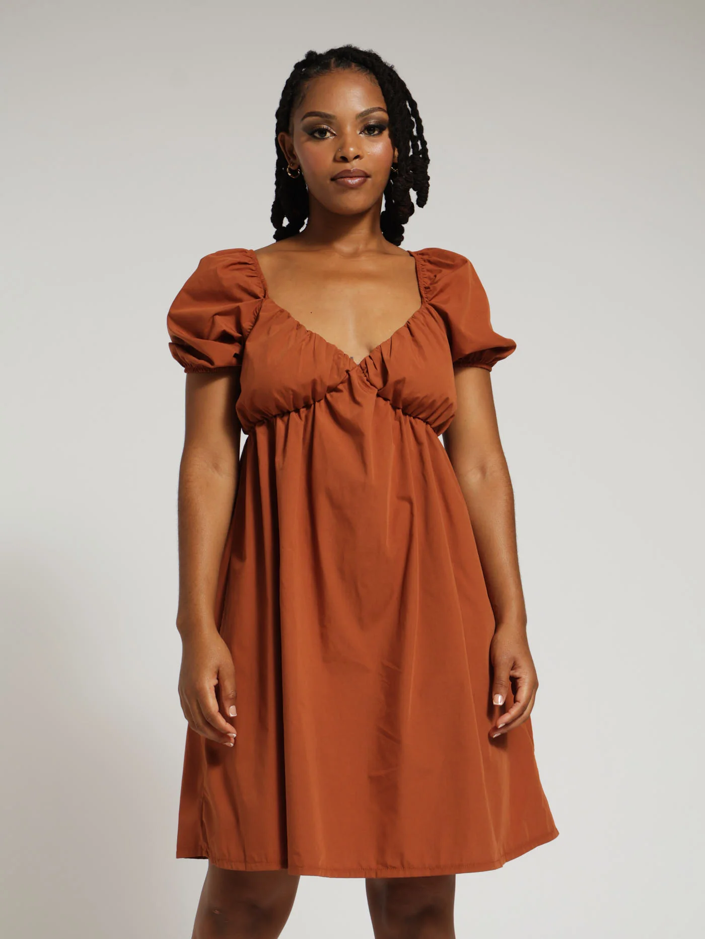 Ruched Bust Poplin Dress - Rust
