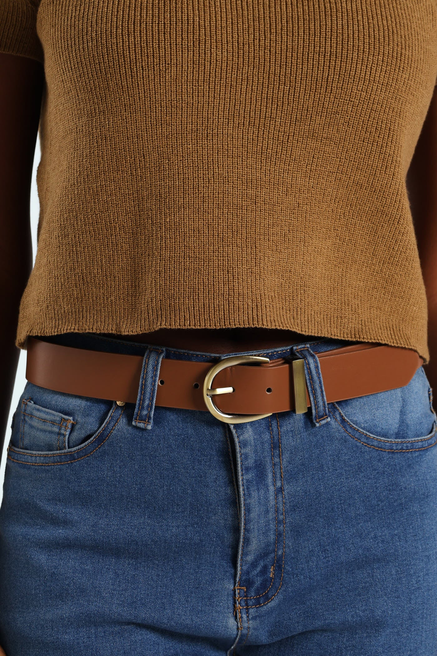 Round Buckle & Metal Loop Core Belt - Brown