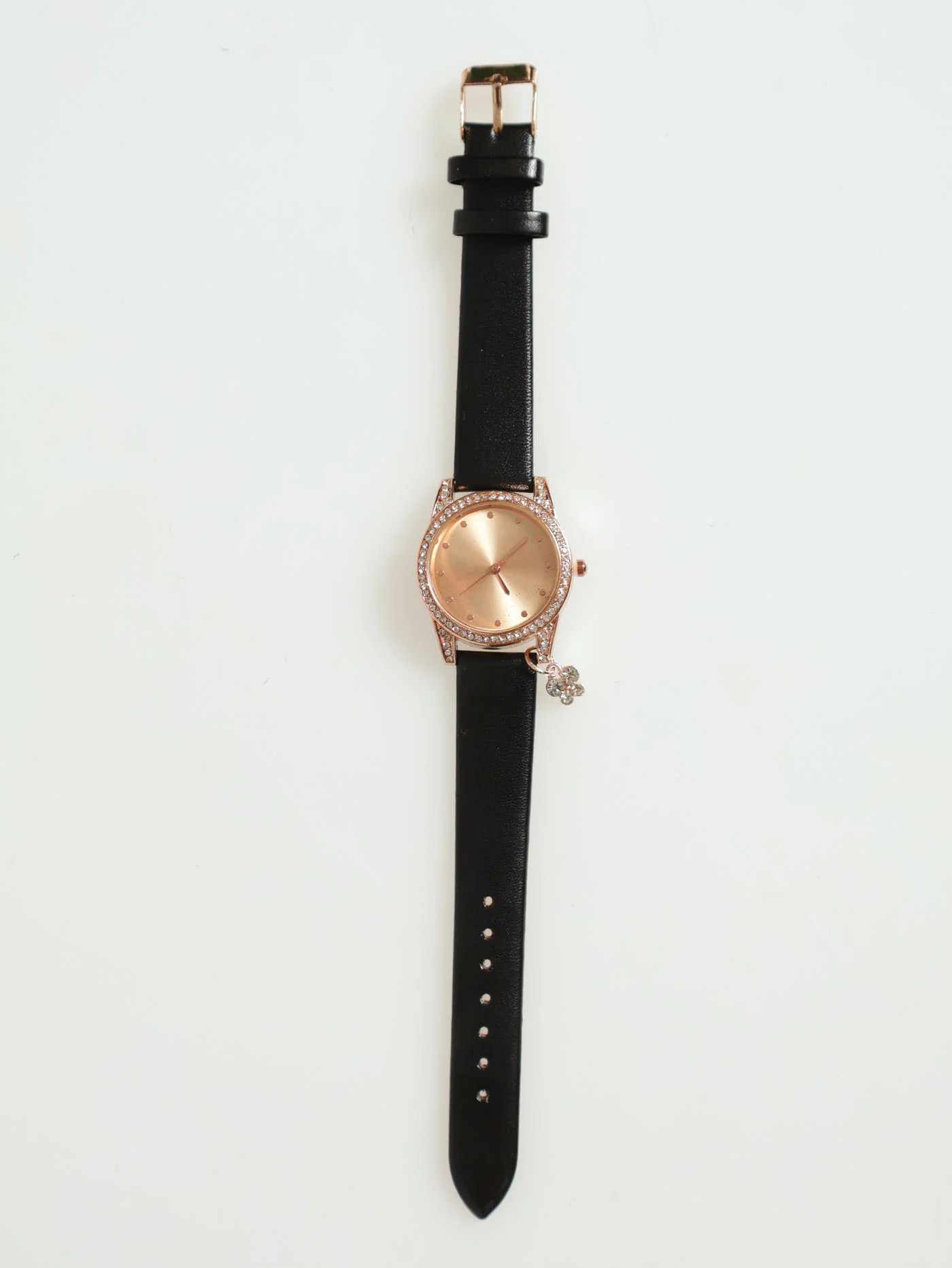 Round Diamante Dial With Butterfly Charm Watch - Black