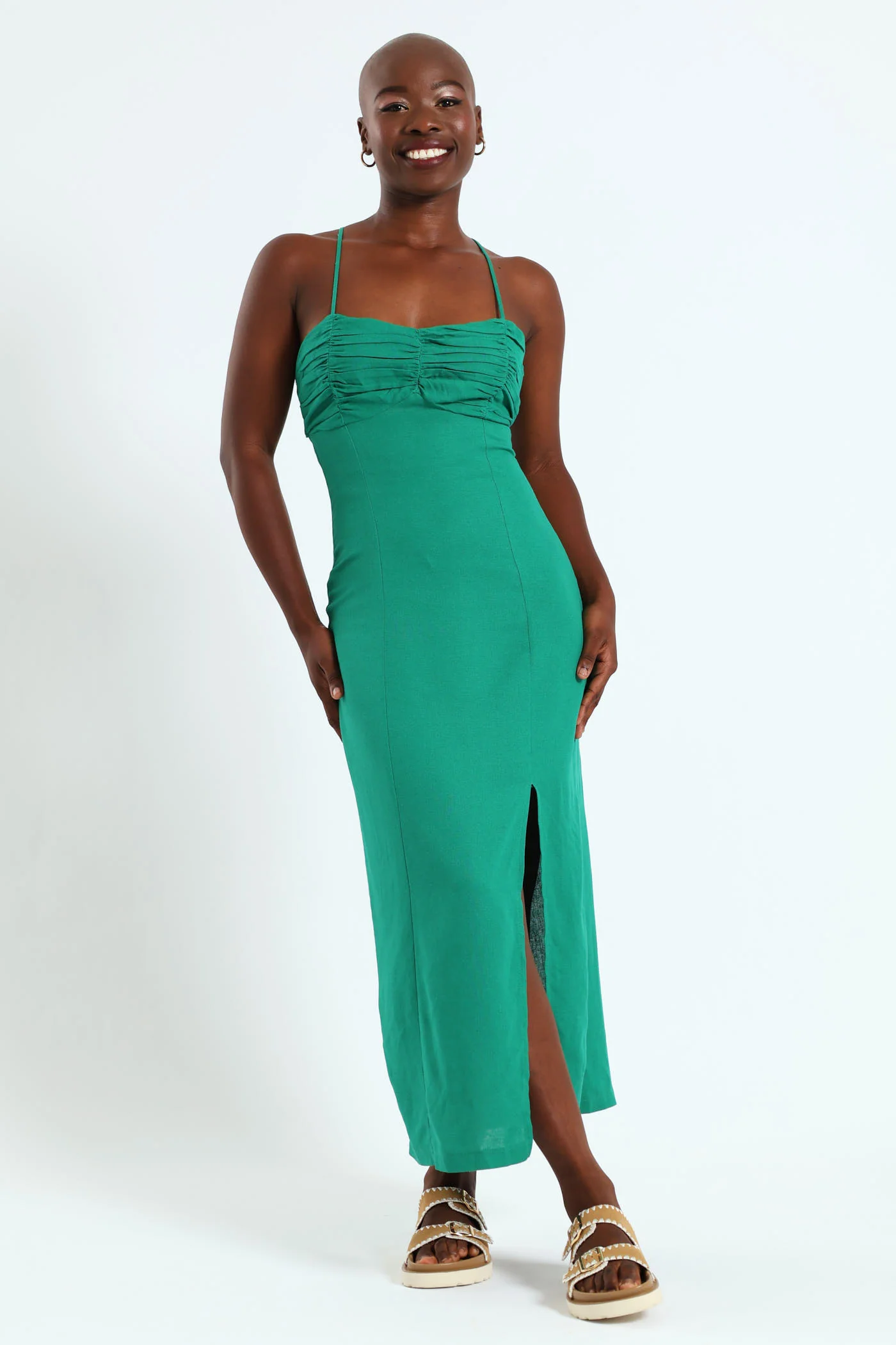 Ruched Bust Linen Midi Dress - Dark Green - Image 5