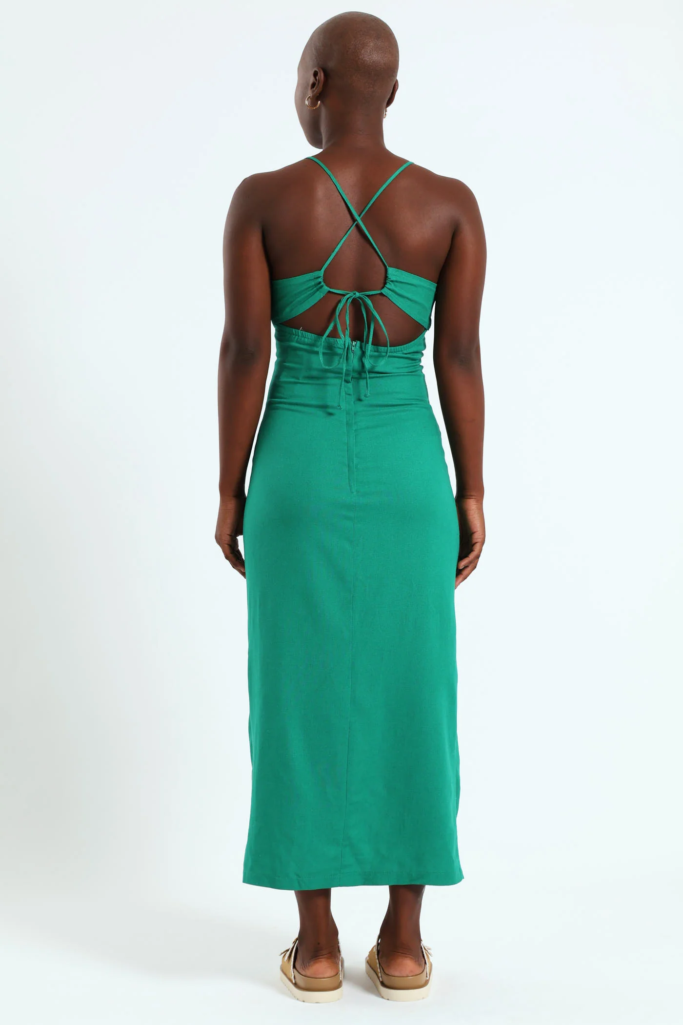 Ruched Bust Linen Midi Dress - Dark Green - Image 6