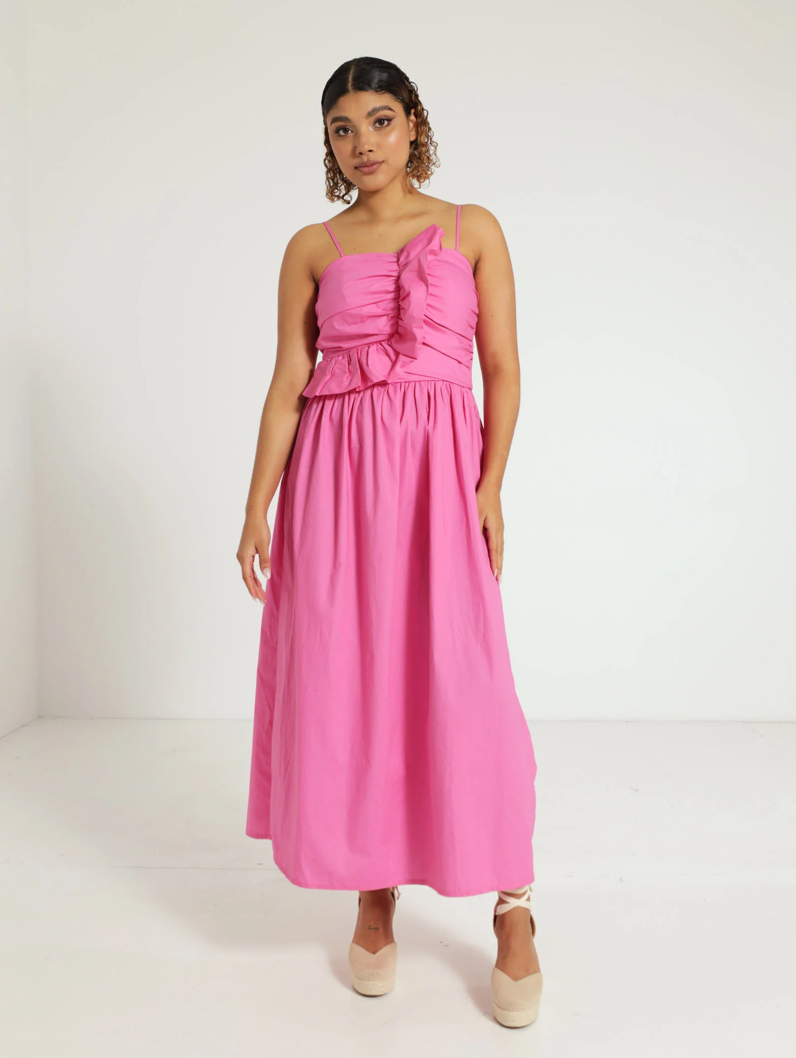 Ruched Frill Strappy Poplin Midi Dress