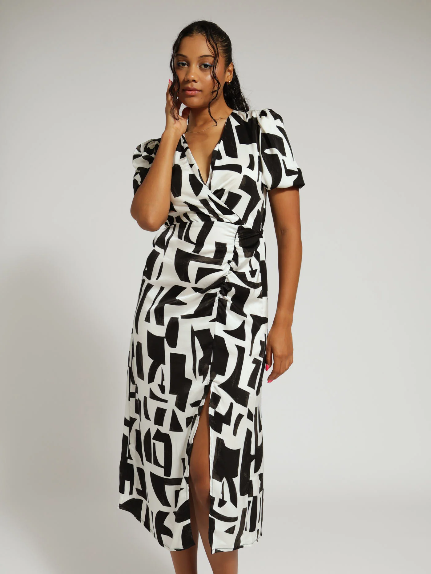 Ruched Geo Print Satin Dress