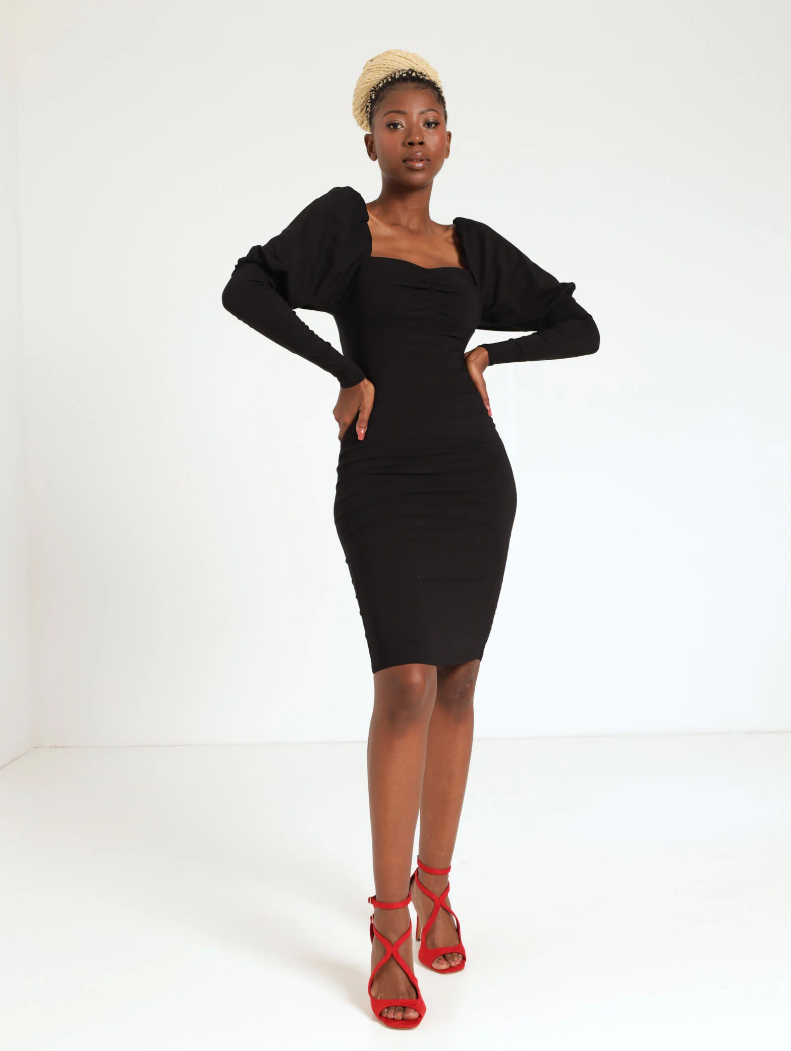 Ruched Long Sleeve Bengaline Bodycon Dress - Black