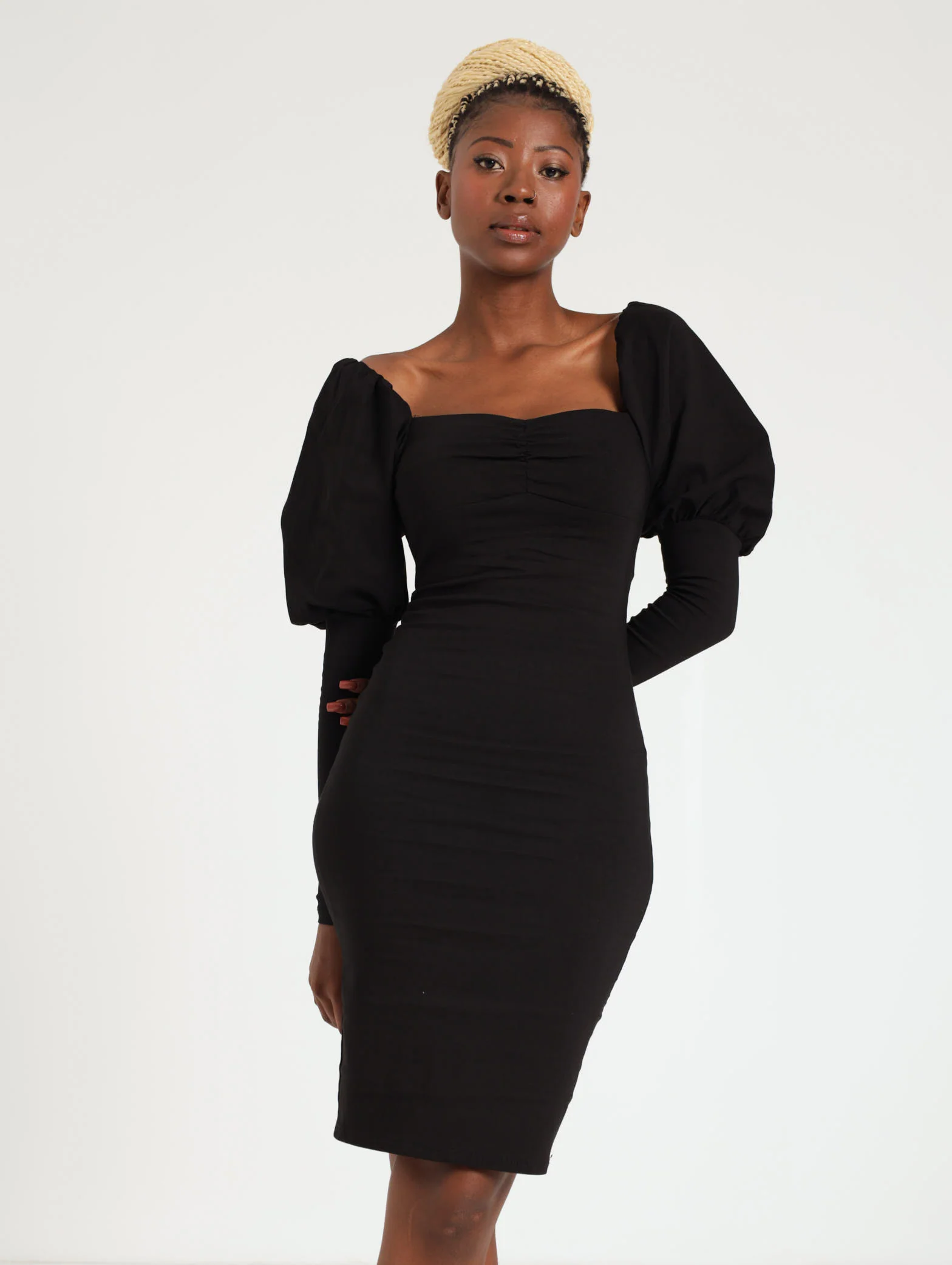 Ruched Long Sleeve Bengaline Bodycon Dress - Black - Image 2