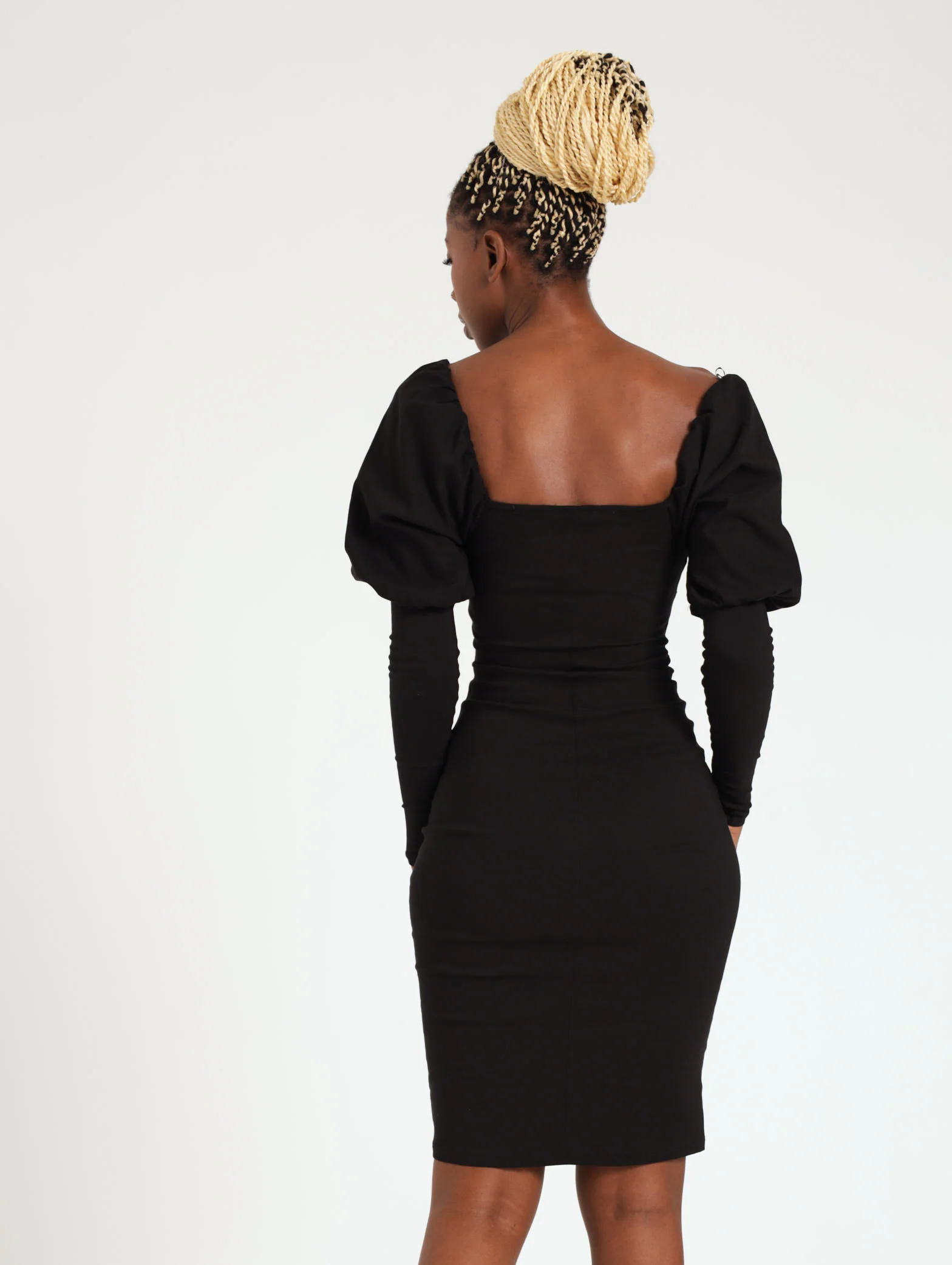 Ruched Long Sleeve Bengaline Bodycon Dress - Black - Image 4