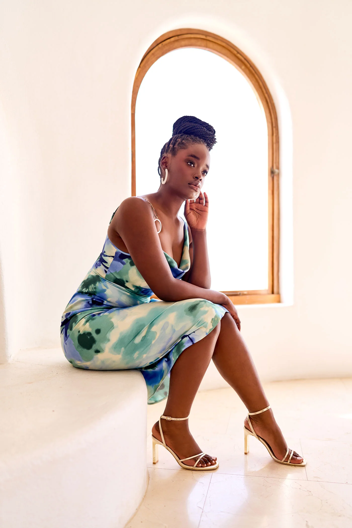 Ruched Satin Dress With Chain Trim - Green/Blue - Image 2