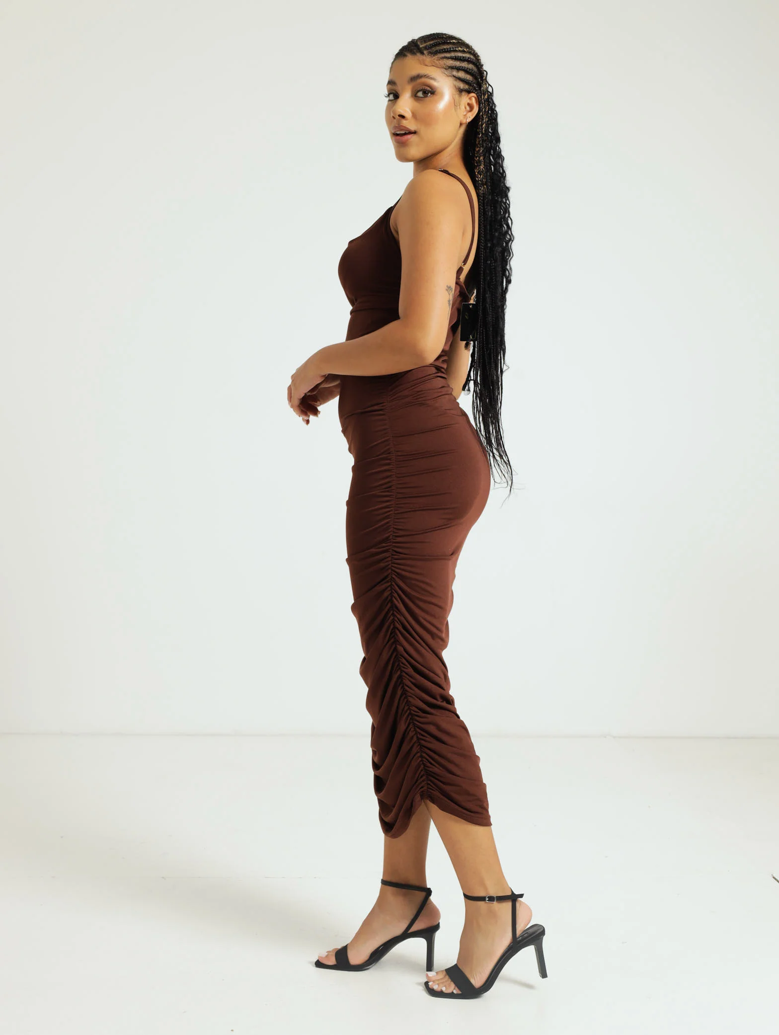 Ruched Side Bodycon Dress - Brown - Image 2