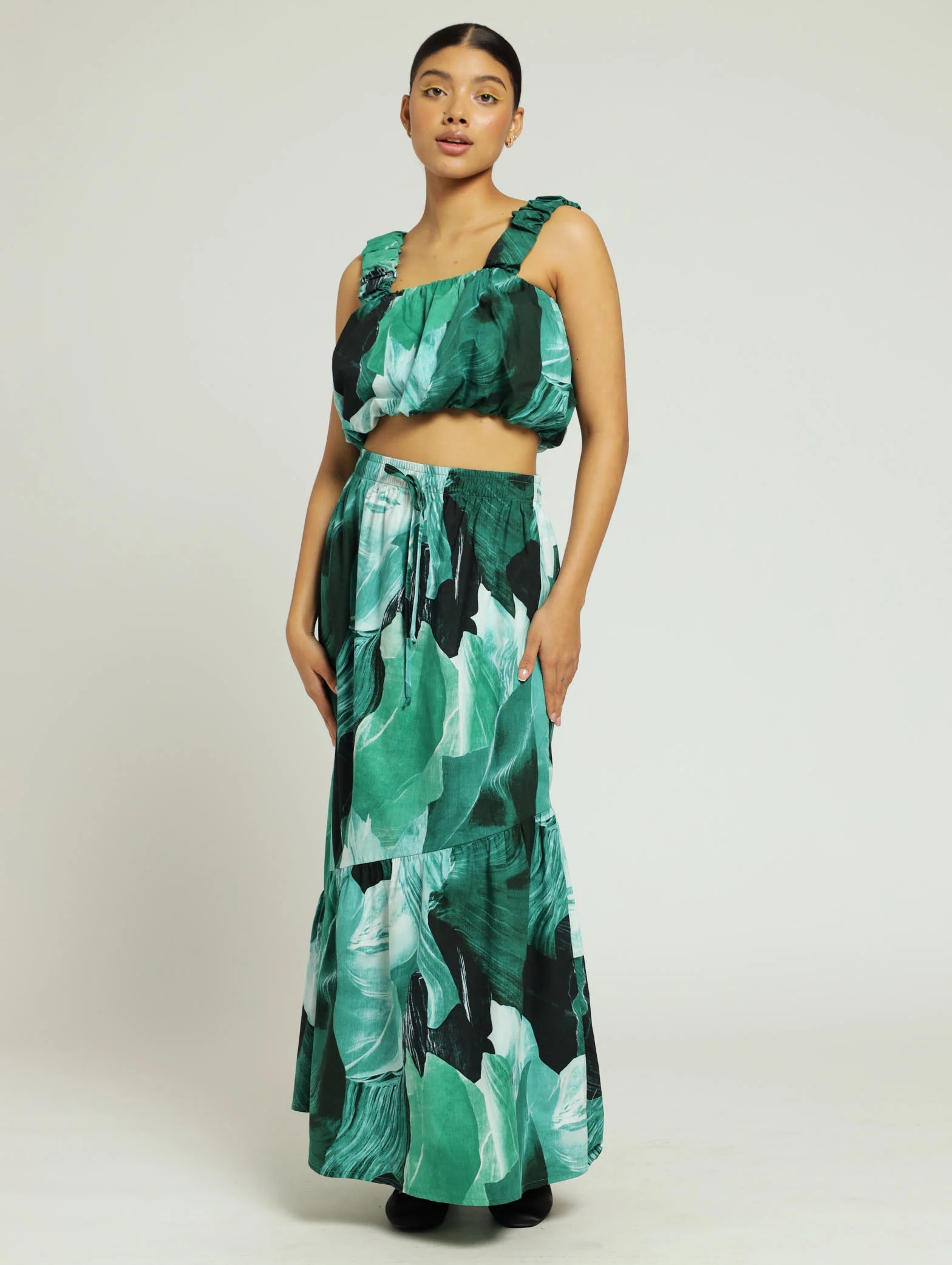 Ruched Strap Printed Poplin Crop Top - Green - Image 4