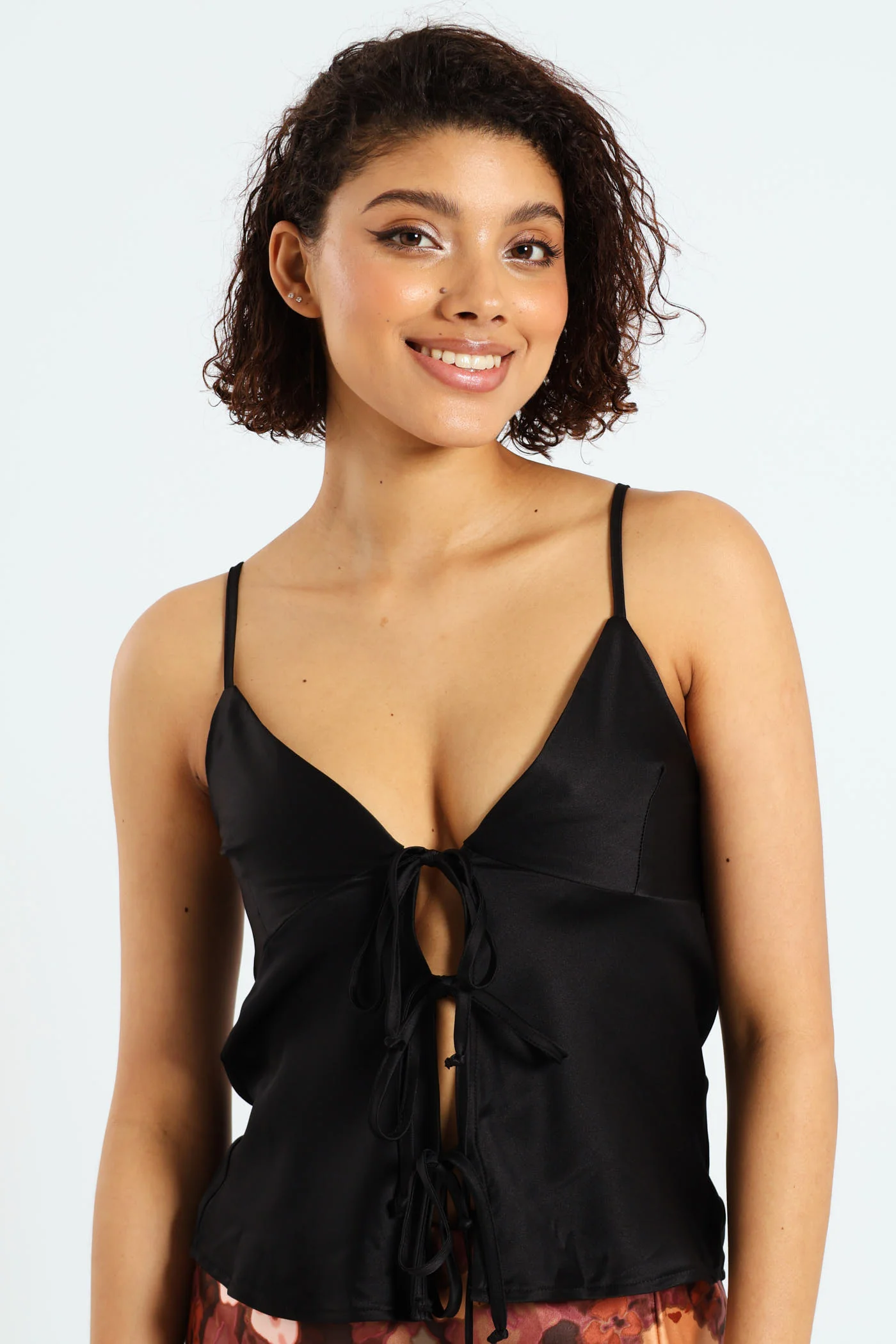 Satin Cami Bow Top - Black
