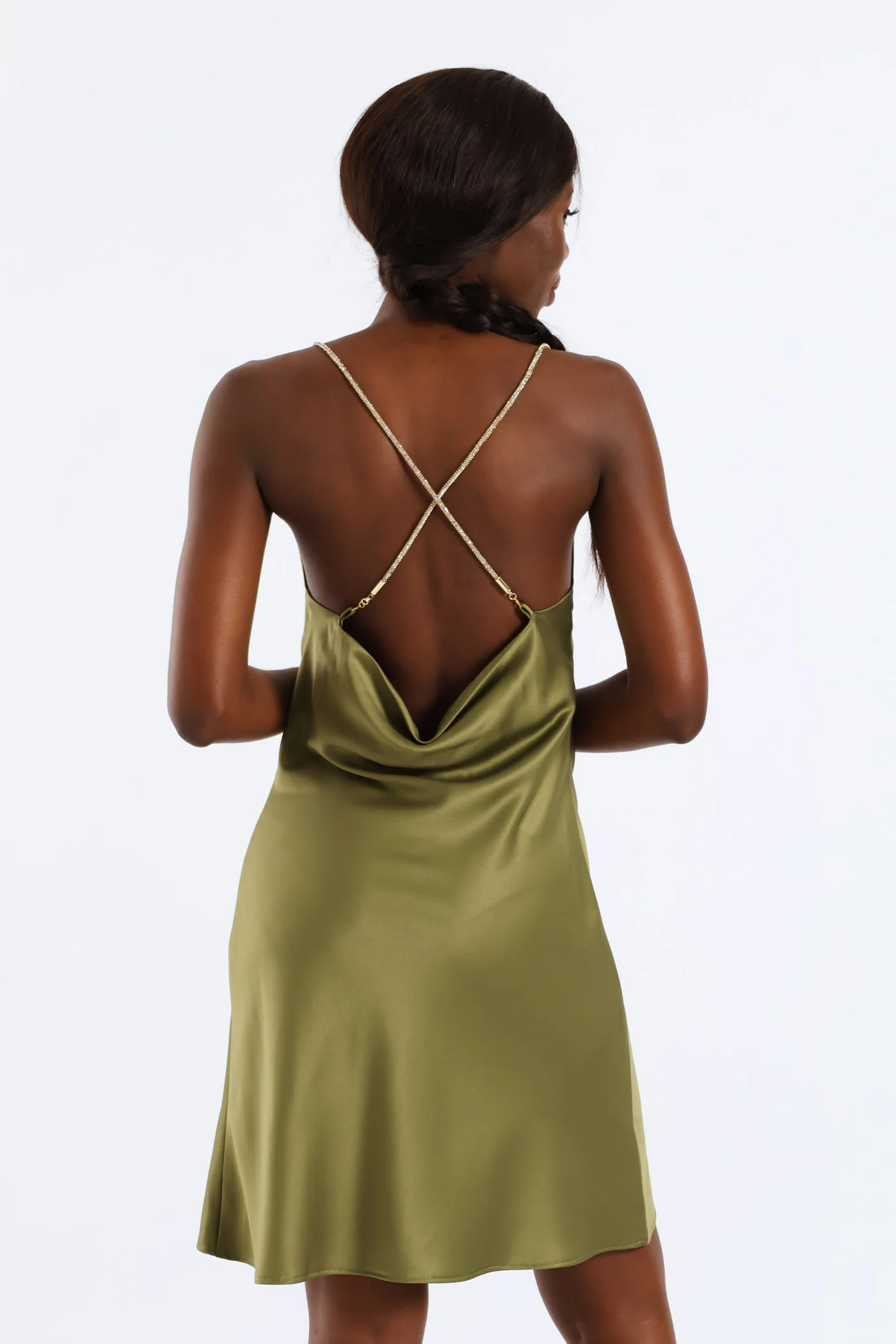 Satin Diamante Strap Mini Dress - Fatigue - Image 2