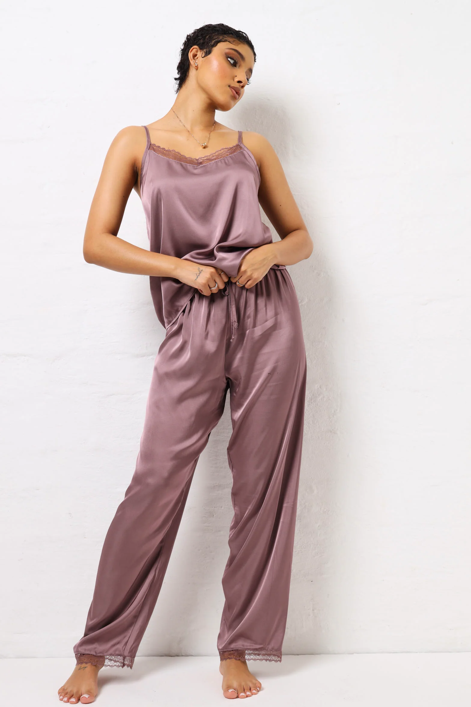 Satin & Lace Cami & Pants Set - Mauve