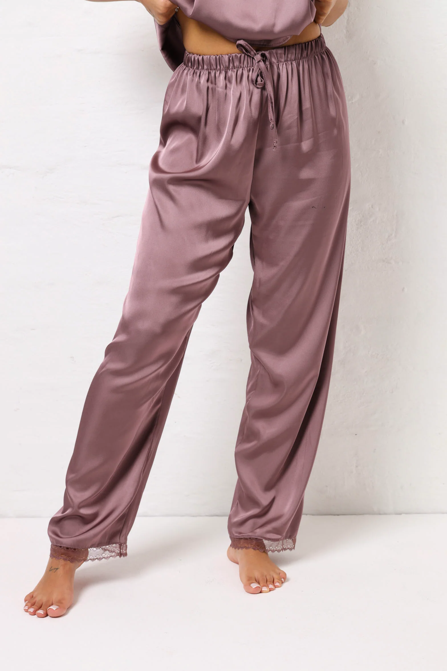Satin & Lace Cami & Pants Set - Mauve - Image 6