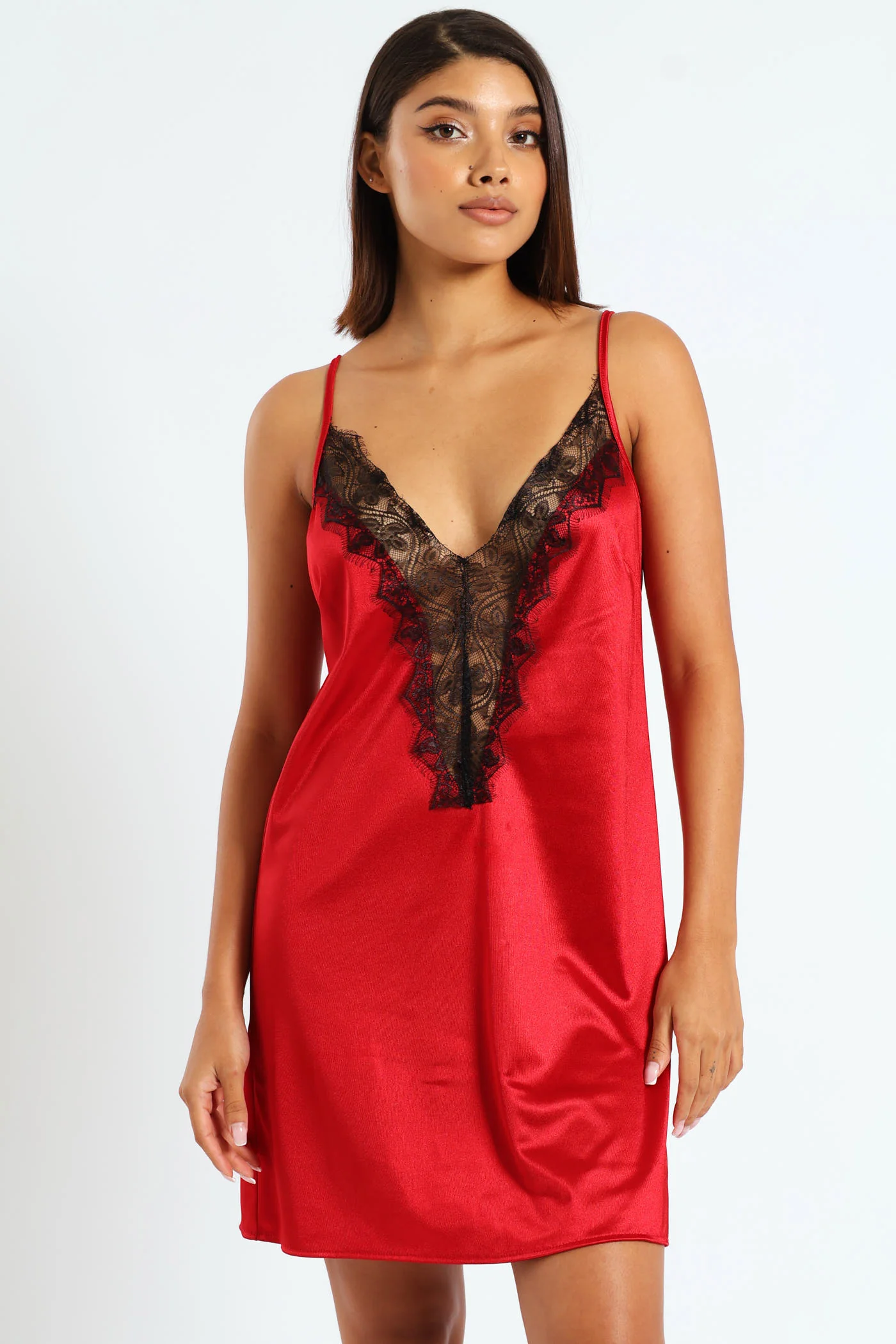 Satin & Lace Chemise - Red/Black - Image 5