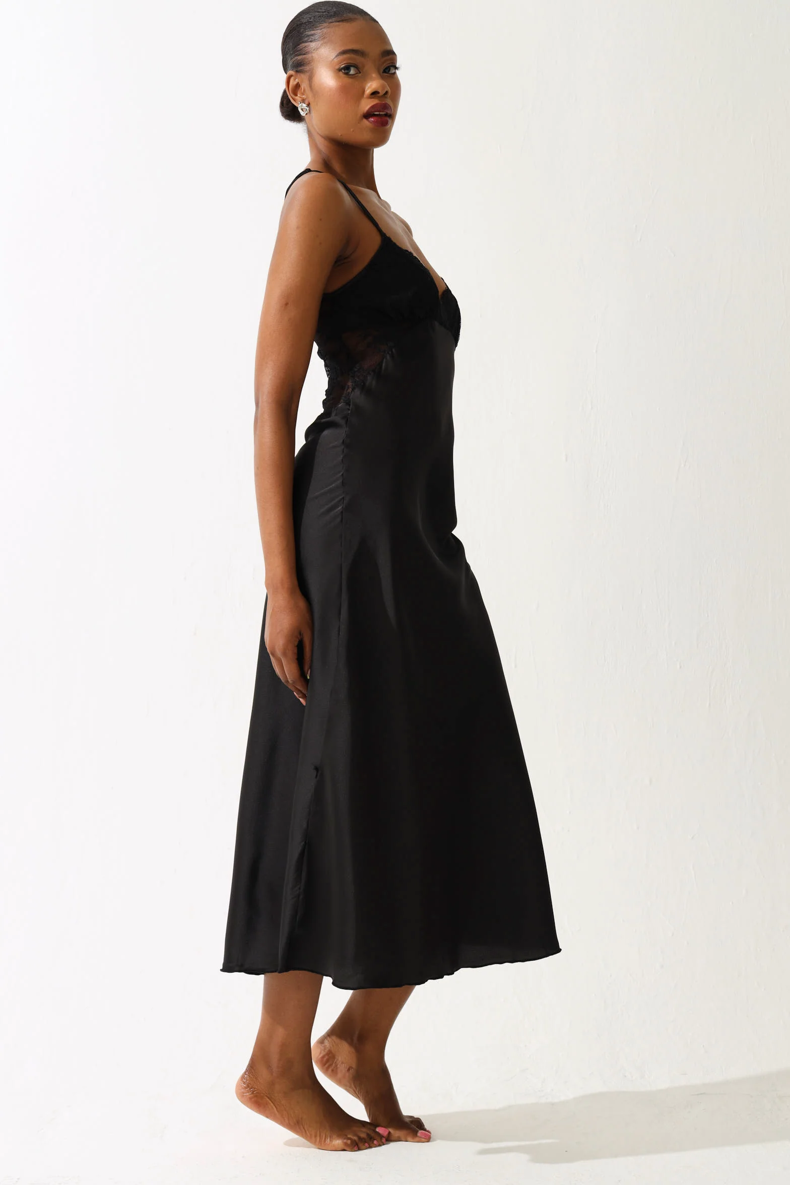 Satin & Lace Slip Dress - Black - Image 3