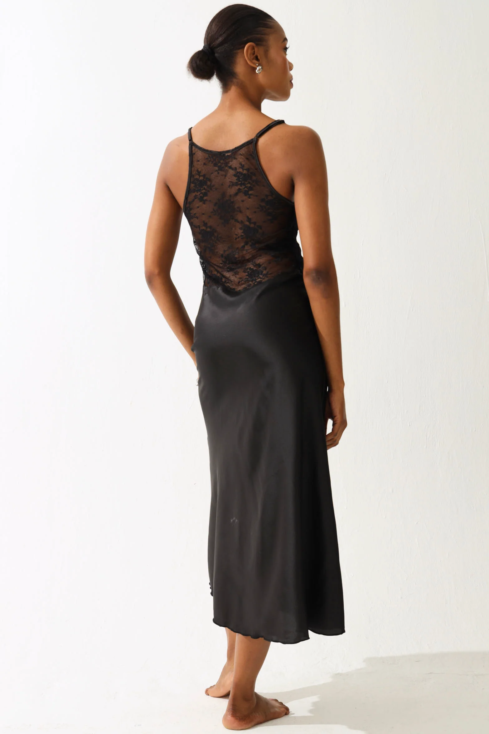 Satin & Lace Slip Dress - Black - Image 4