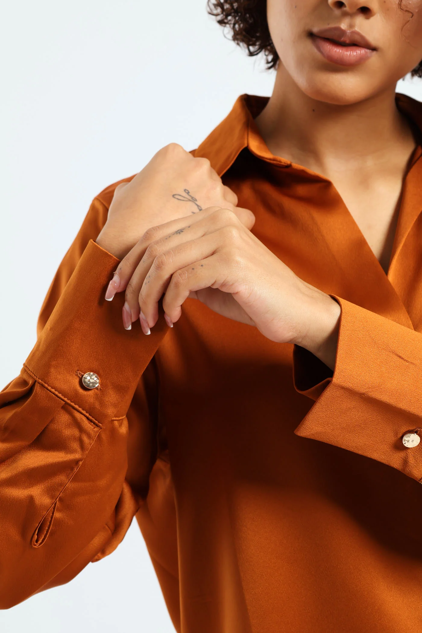 Satin Long Sleeve Button Through Top - Rust - Image 2