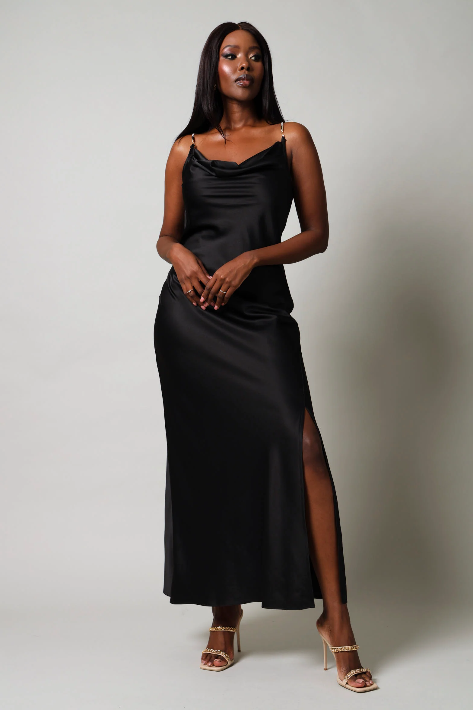 Satin Maxi Dress -  Black