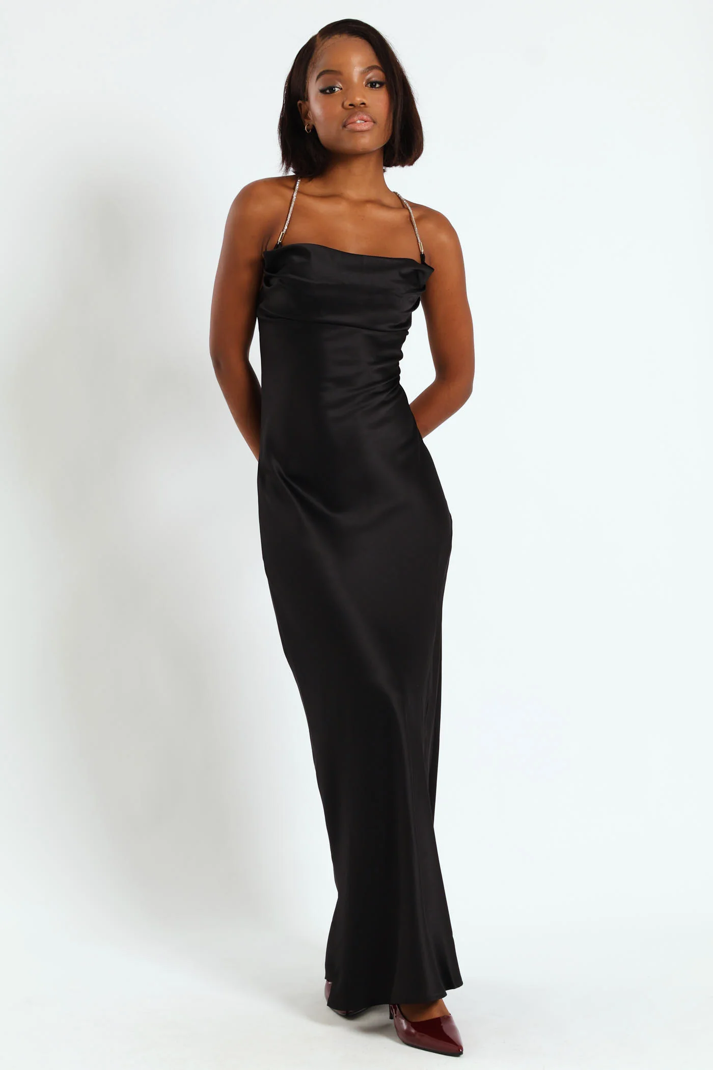 Satin Maxi Dress With Diamante Straps - Black