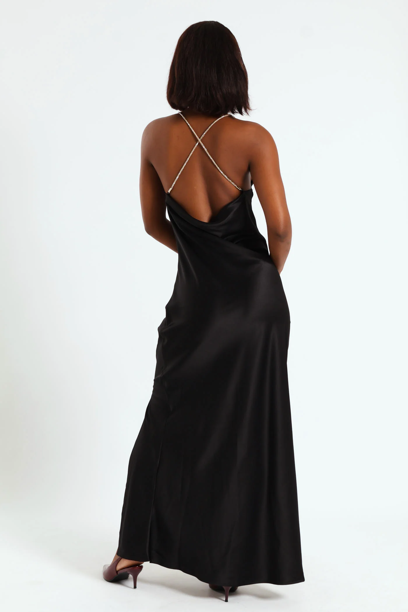 Satin Maxi Dress With Diamante Straps - Black - Image 5