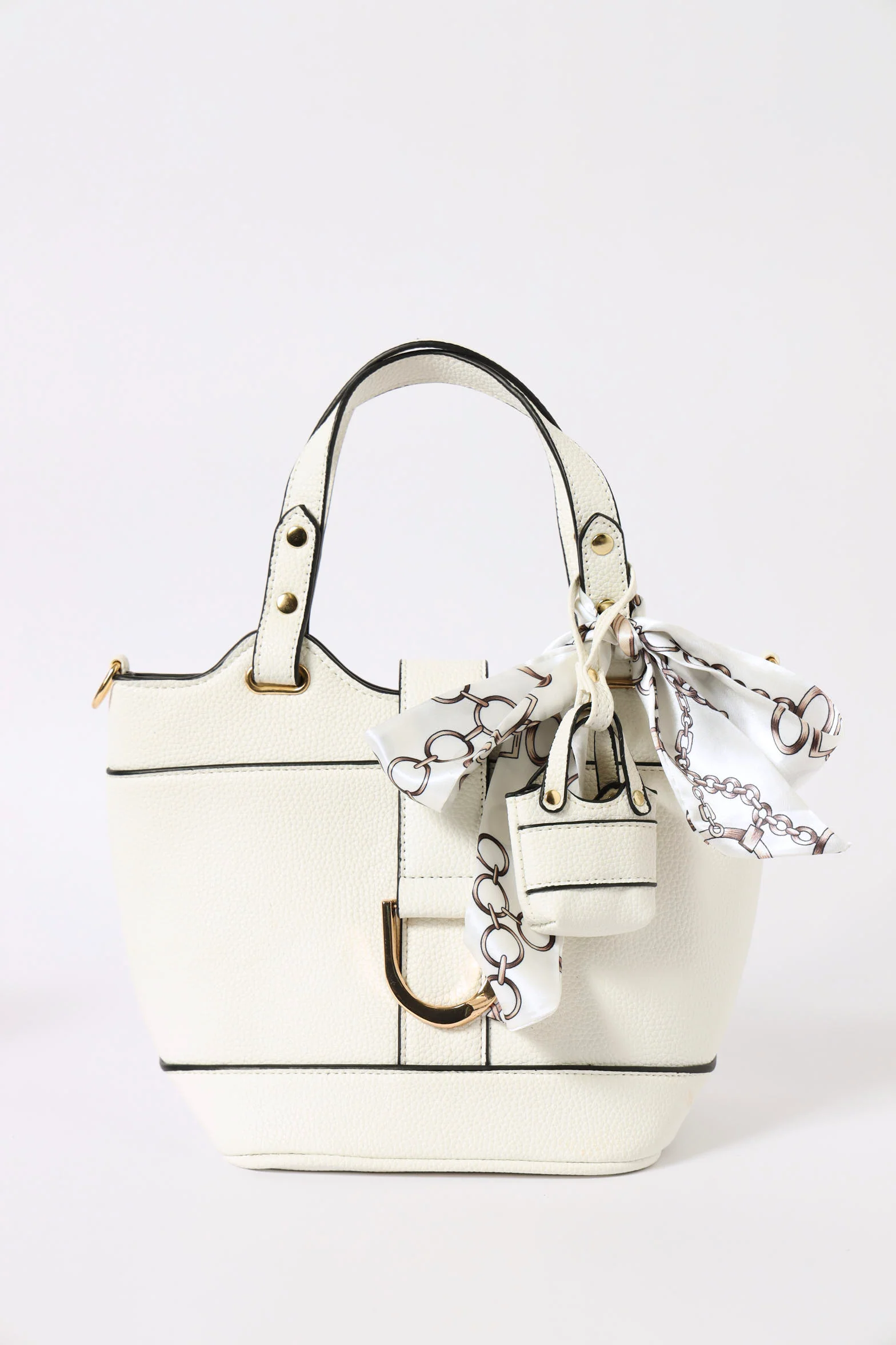 Satin Scarf & Bag Charm Detail Bucket Bag - Off White